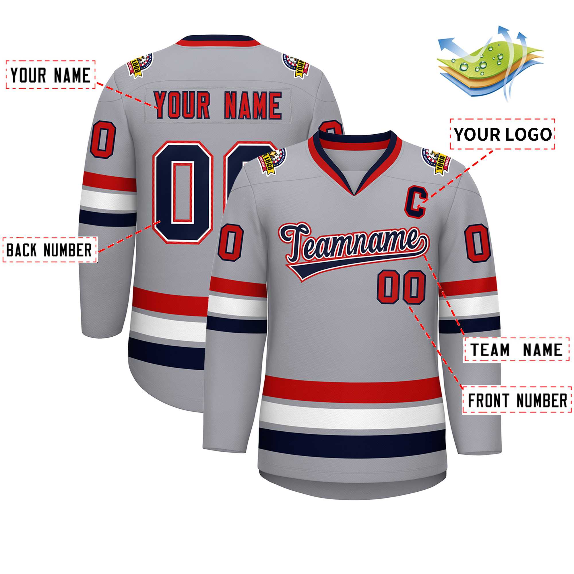 Custom Gray Navy White-Red Classic Style Hockey Jersey | KXKSHOP