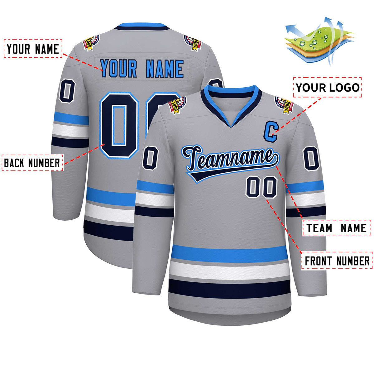 Custom Gray Navy White-Powder Blue Classic Style Hockey Jersey | KXKSHOP