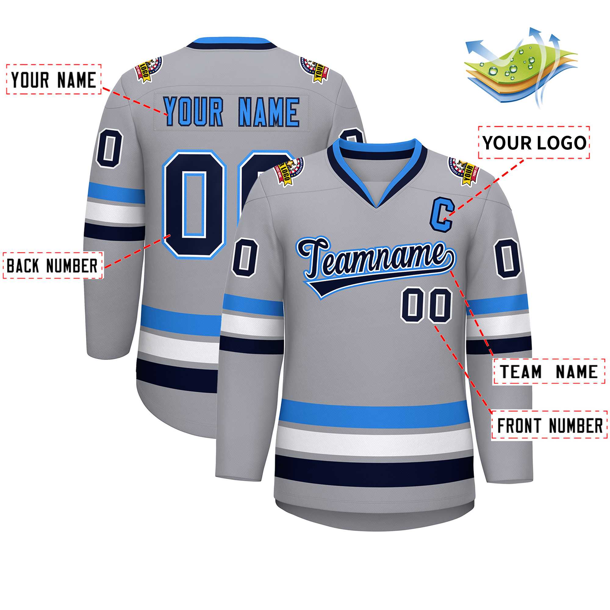 Custom Gray Navy White-Powder Blue Classic Style Hockey Jersey | KXKSHOP