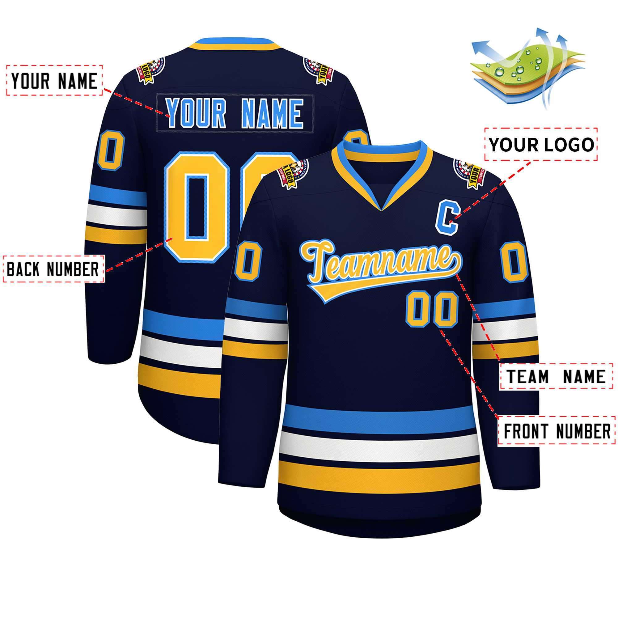 Custom Navy Gold White-Powder Blue Classic Style Hockey Jersey | KXKSHOP