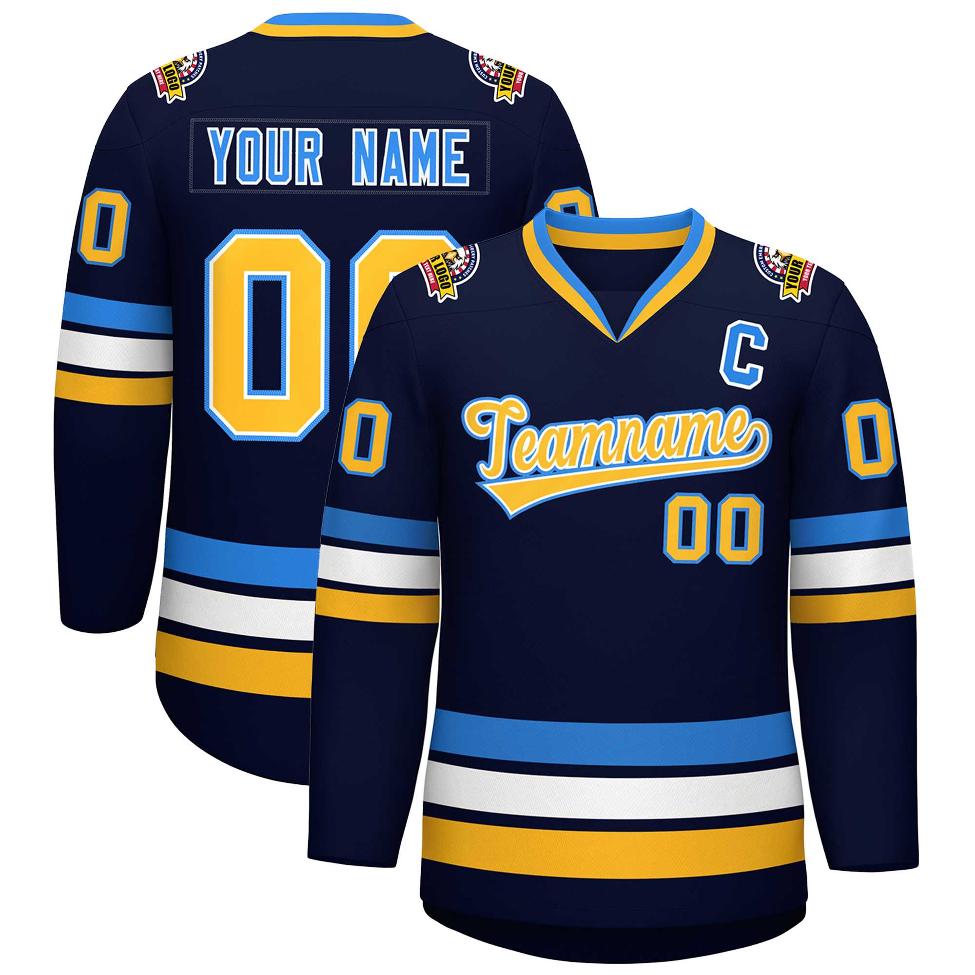 Custom Navy Gold White-Powder Blue Classic Style Hockey Jersey | KXKSHOP