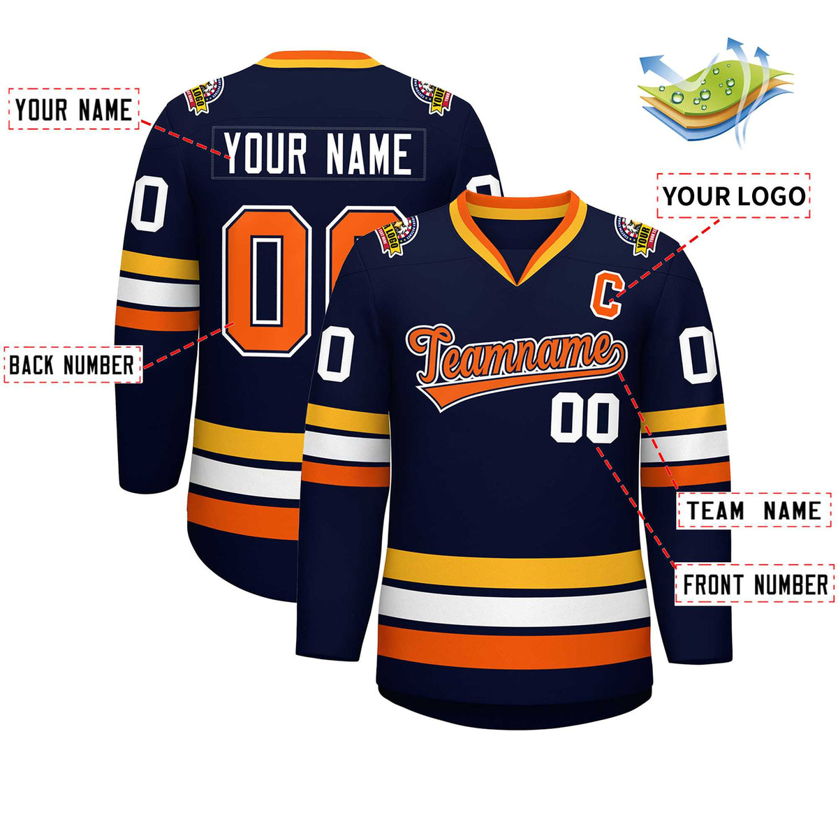 Custom Navy Orange Navy-White Classic Style Hockey Jersey | KXKSHOP