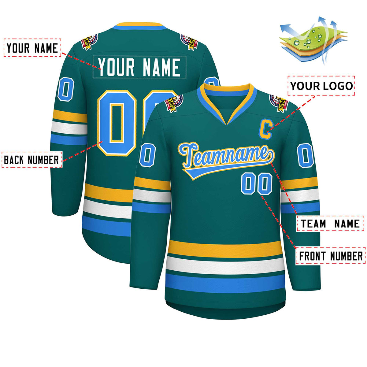 Custom Aqua Powder Blue White-Gold Classic Style Hockey Jersey | KXKSHOP