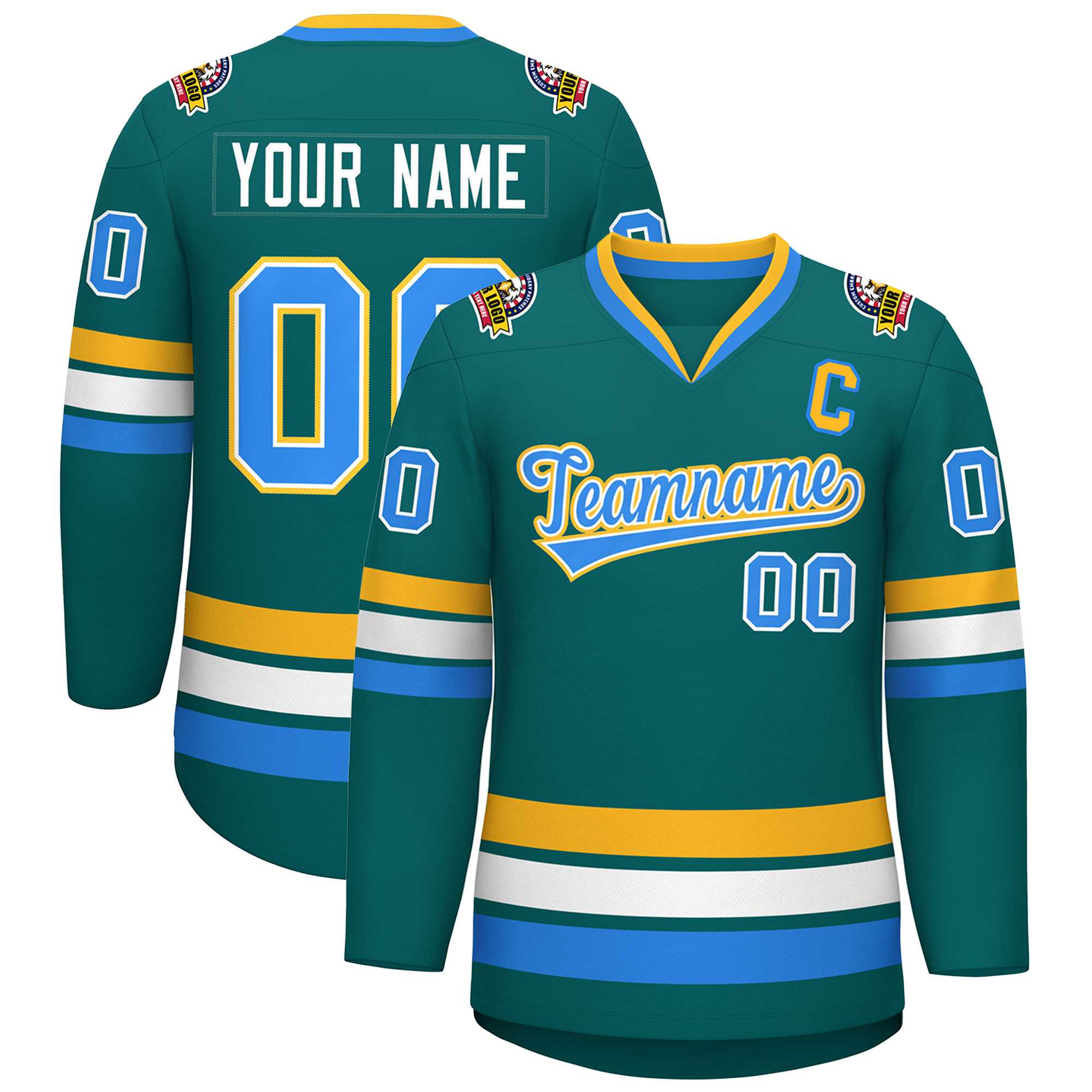 Custom Aqua Powder Blue White-Gold Classic Style Hockey Jersey | KXKSHOP