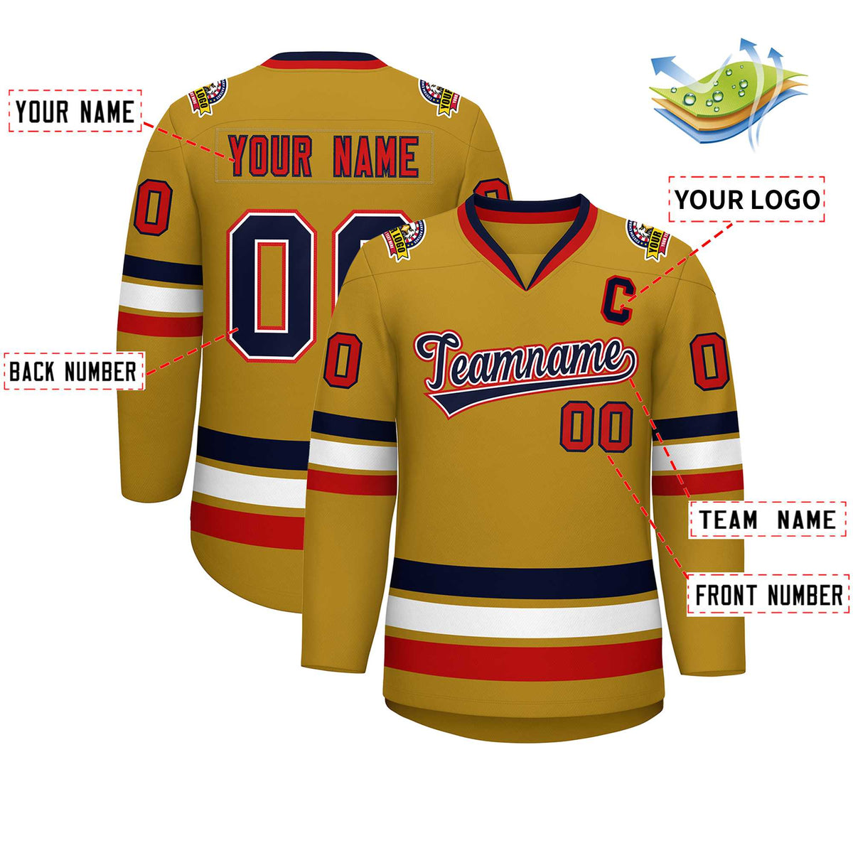 Custom Old Gold Navy White-Red Classic Style Hockey Jersey | KXKSHOP