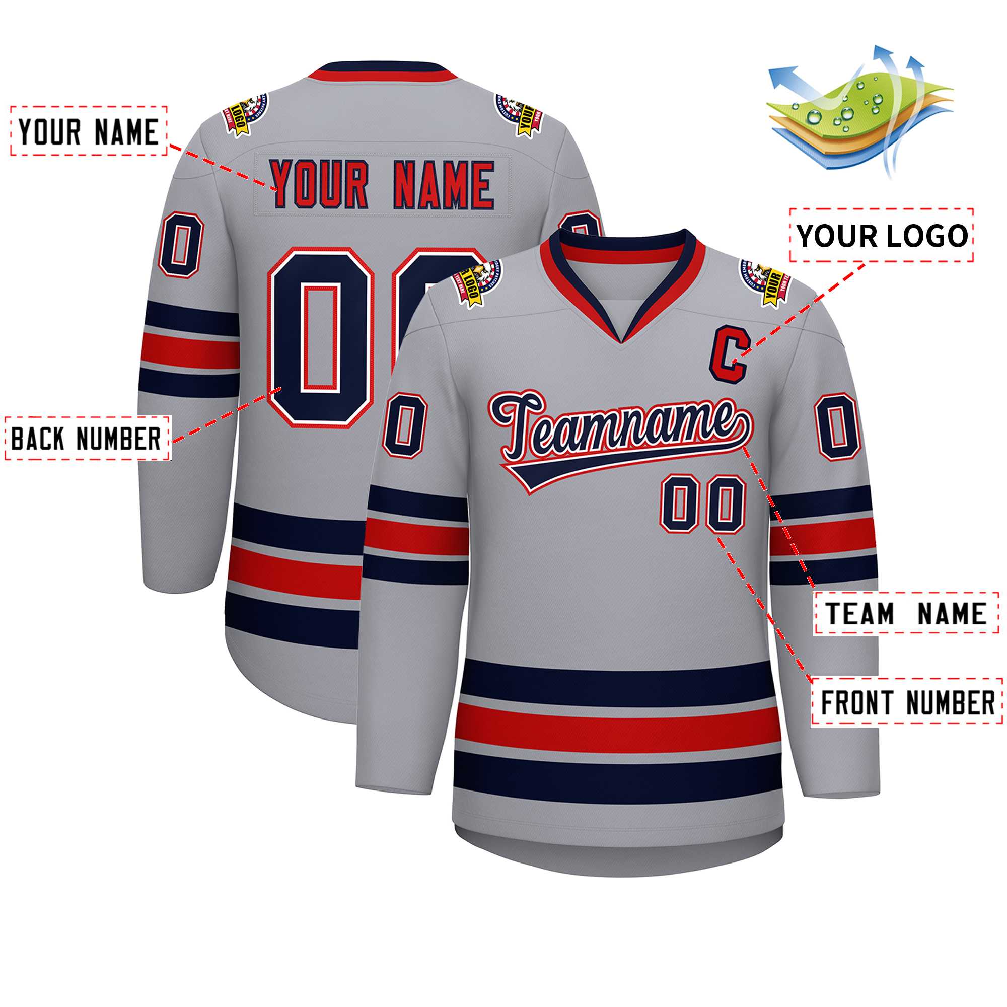 Custom Gray Navy White-Red Classic Style Hockey Jersey | KXKSHOP