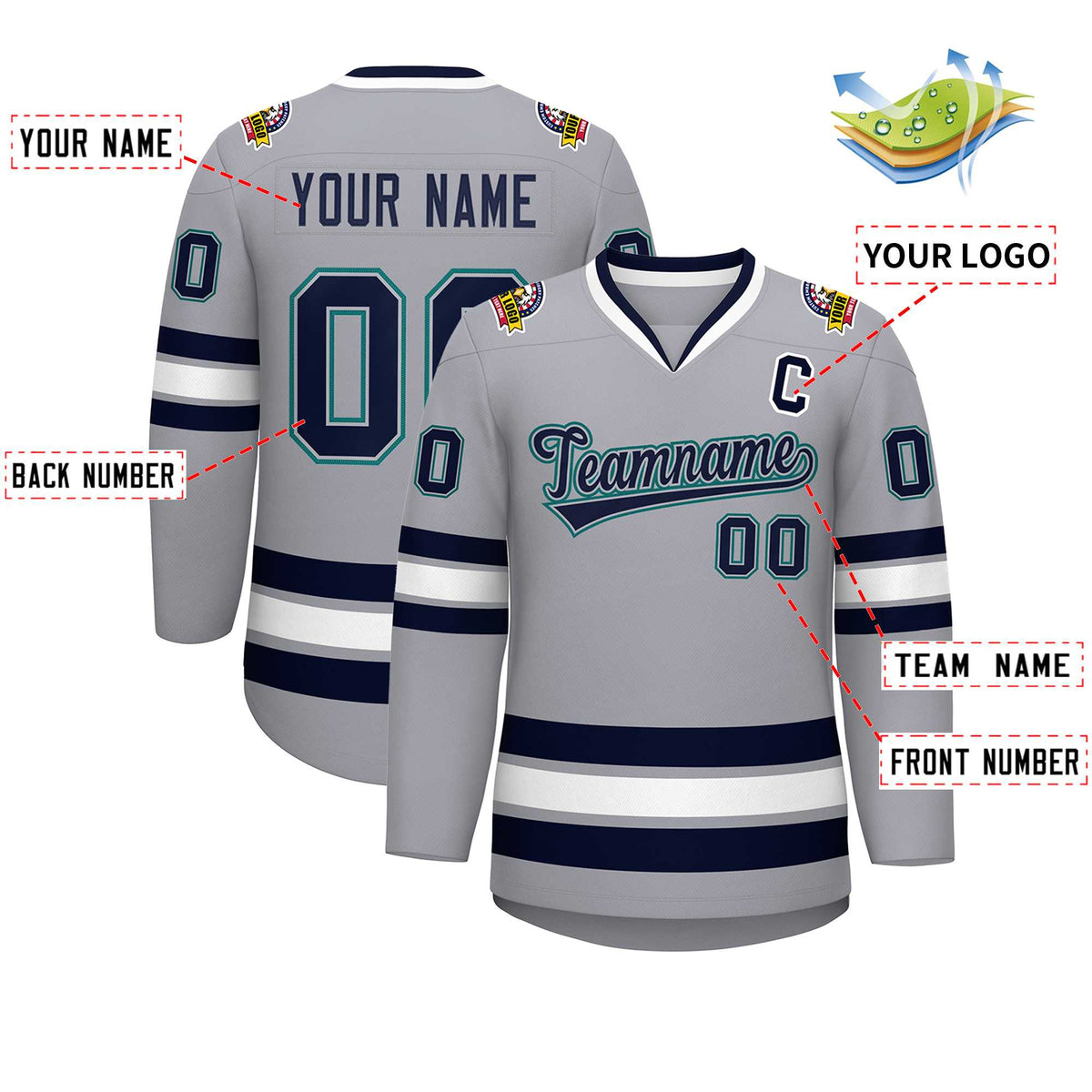 Custom Gray Navy Gray-Aqua Classic Style Hockey Jersey | KXKSHOP