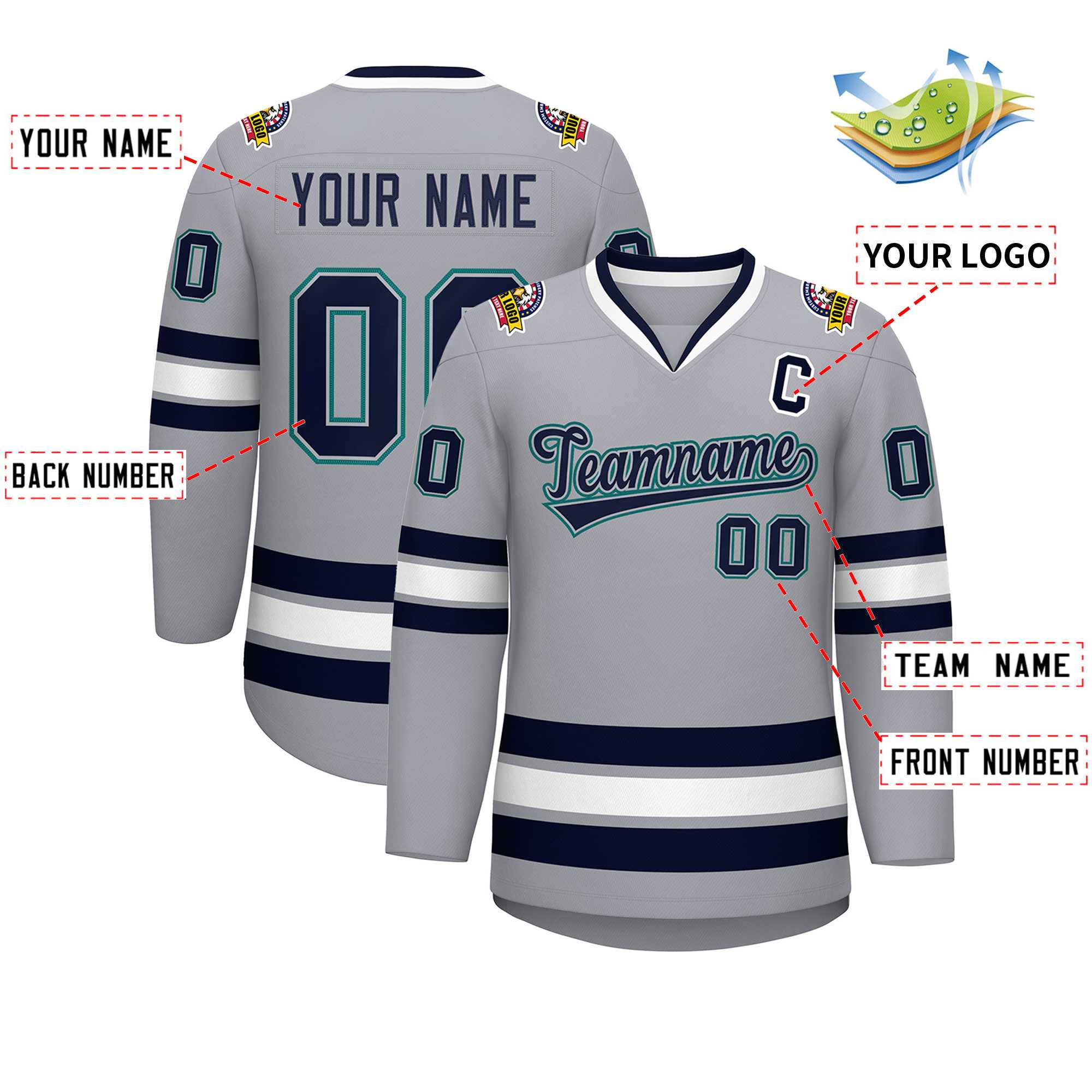 Custom Gray Navy Gray-Aqua Classic Style Hockey Jersey | KXKSHOP