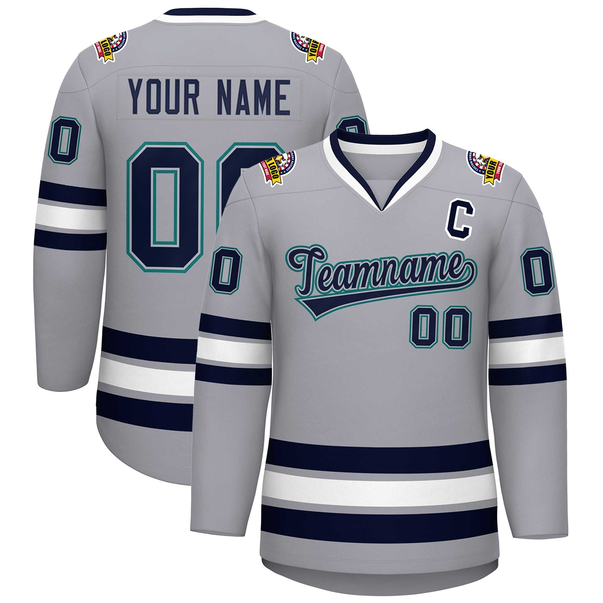 Custom Gray Navy Gray-Aqua Classic Style Hockey Jersey | KXKSHOP