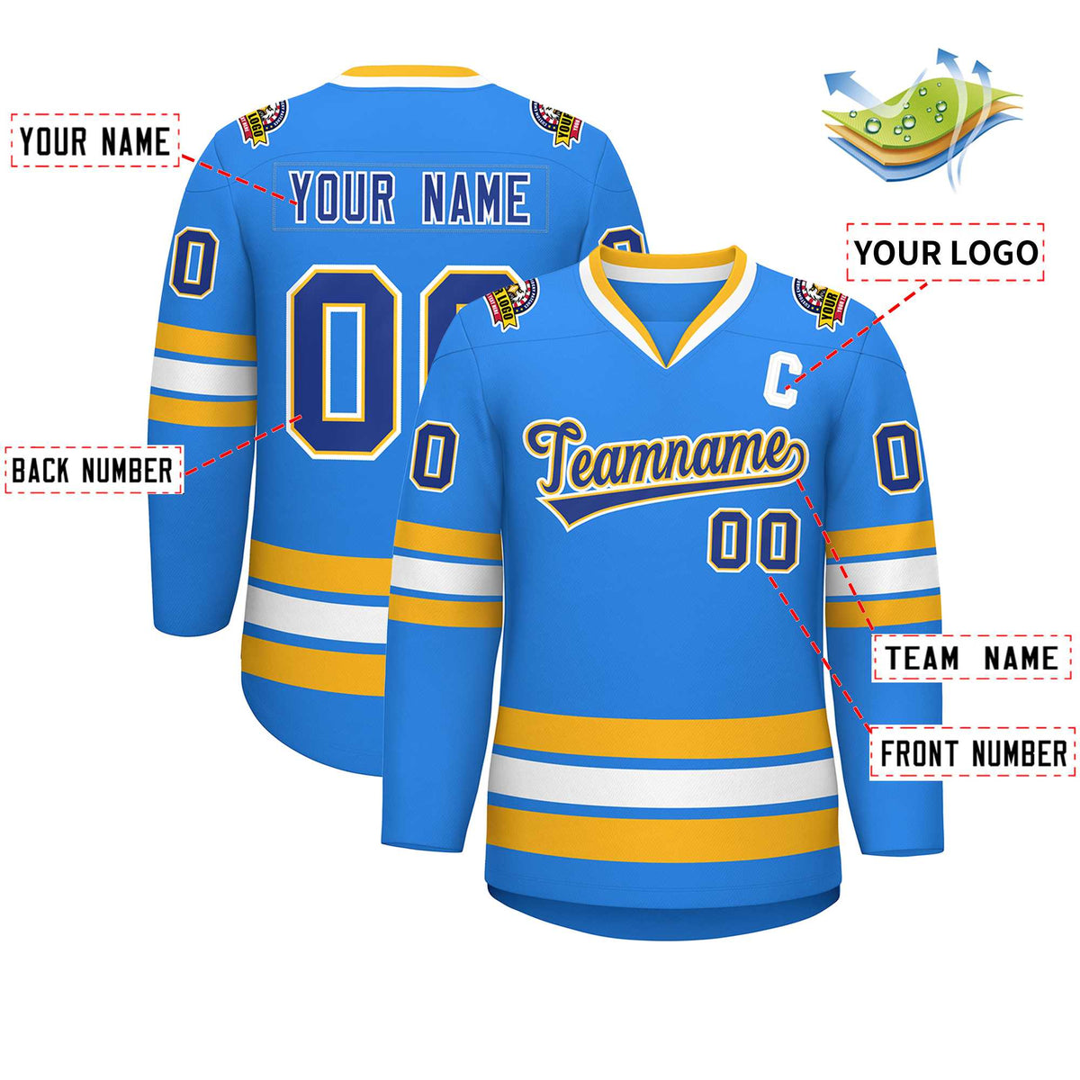 Custom Powder Blue Royal Gold-White Classic Style Hockey Jersey | KXKSHOP