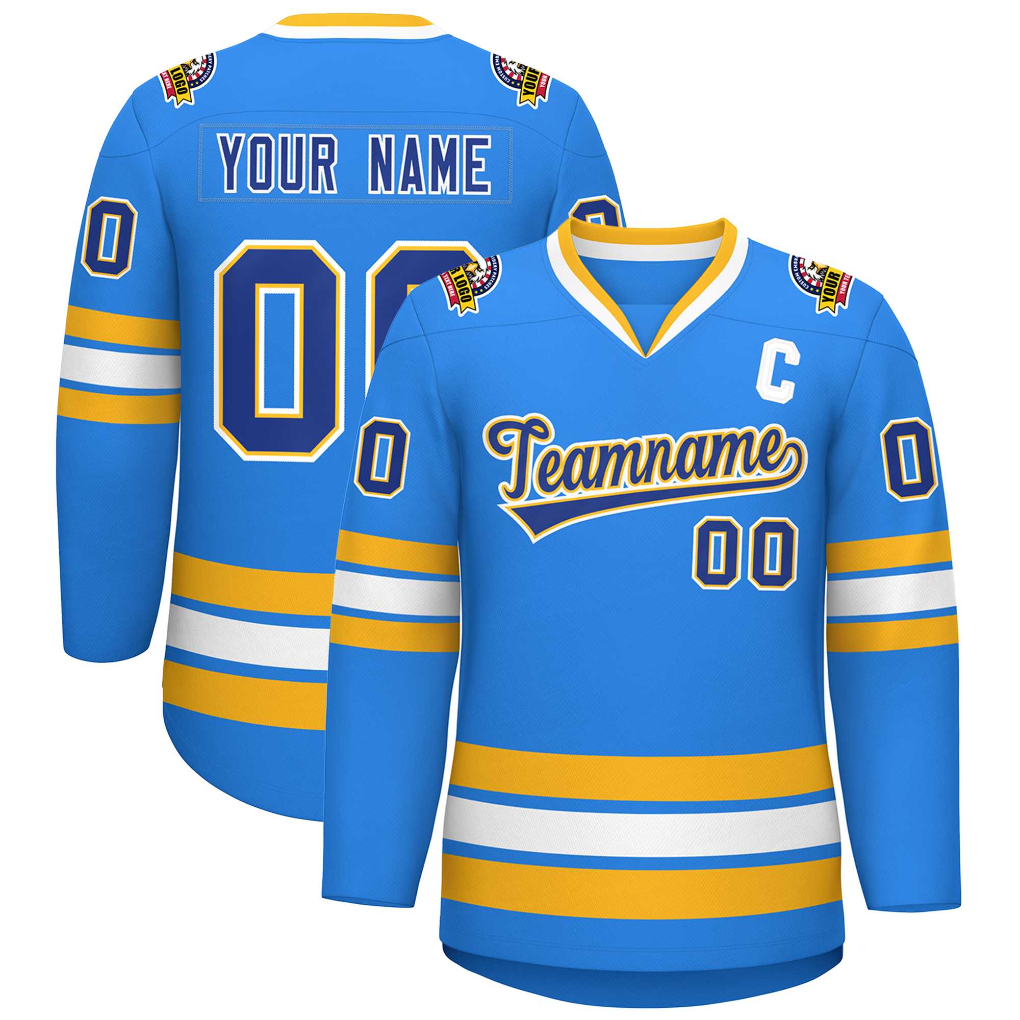 Custom Powder Blue Royal Gold-White Classic Style Hockey Jersey | KXKSHOP