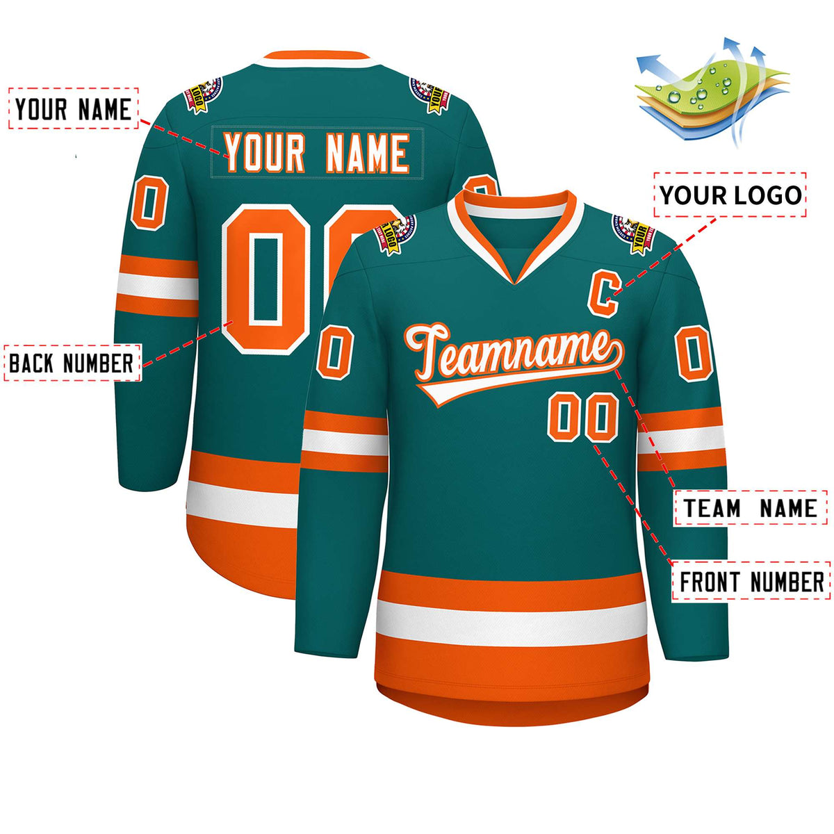 Custom Teal White-Orange Classic Style Hockey Jersey | KXKSHOP