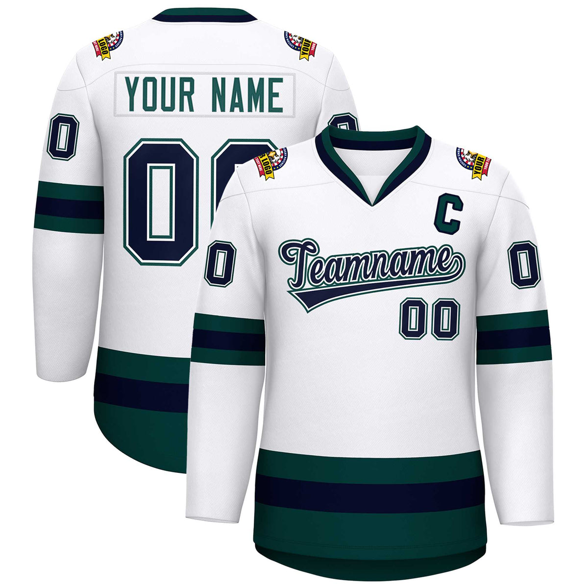 Custom White Navy White-Midnight Green Classic Style Hockey Jersey | KXKSHOP