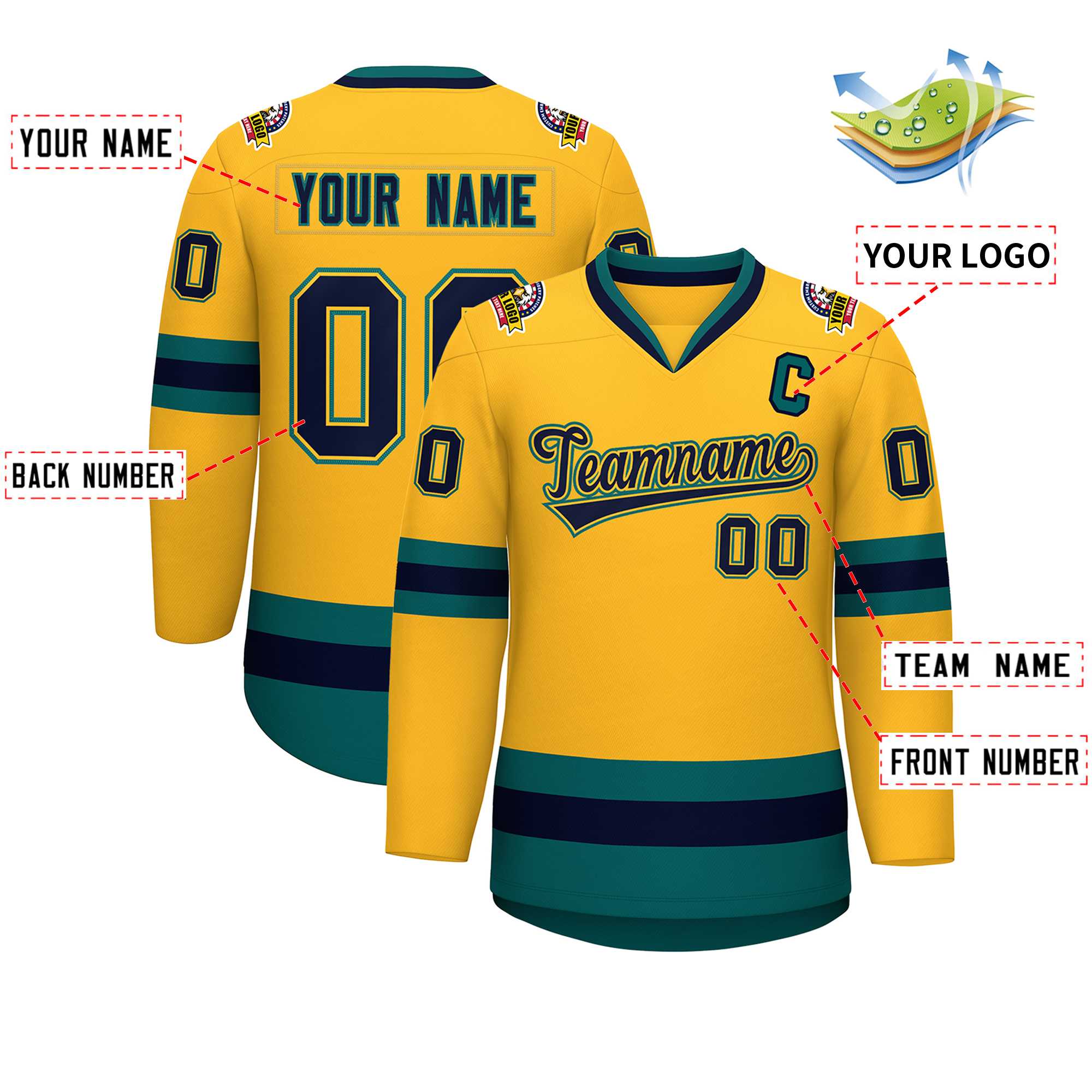Custom Gold Navy Gold-Aqua Classic Style Hockey Jersey | KXKSHOP