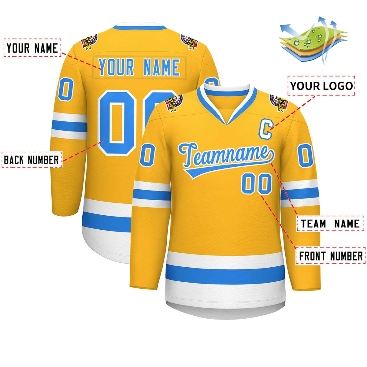 Custom Gold Powder Blue-White Classic Style Hockey Jersey | KXKSHOP