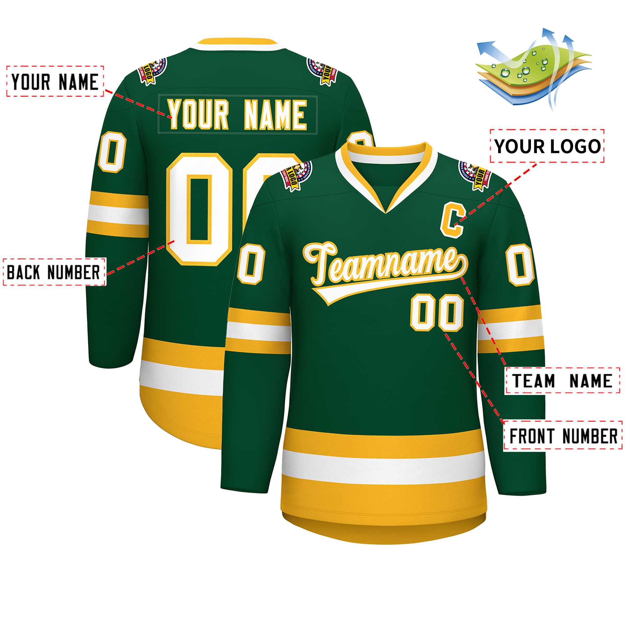 Custom Green White-Gold Classic Style Hockey Jersey | KXKSHOP