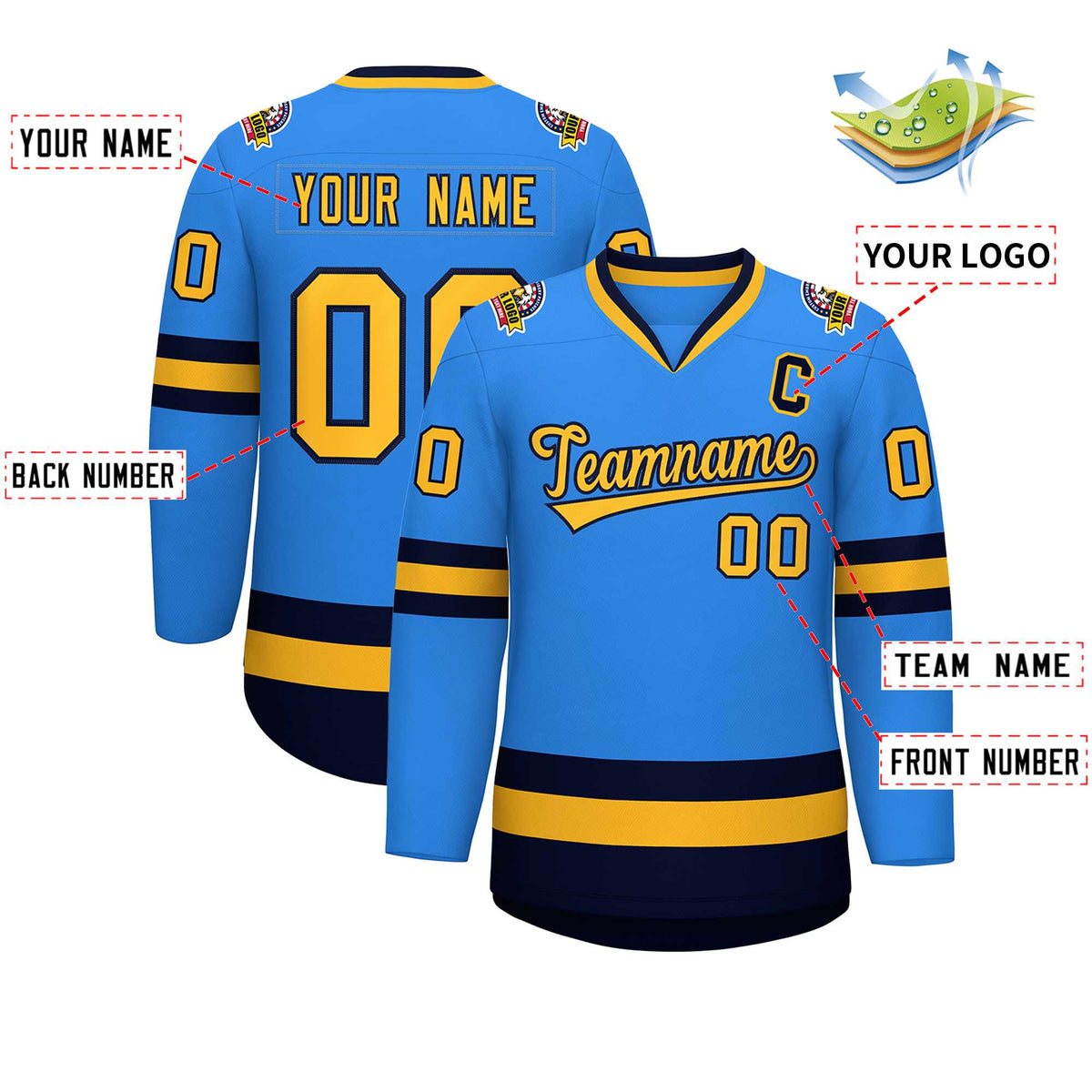 Custom Powder Blue Gold-Navy Classic Style Hockey Jersey | KXKSHOP