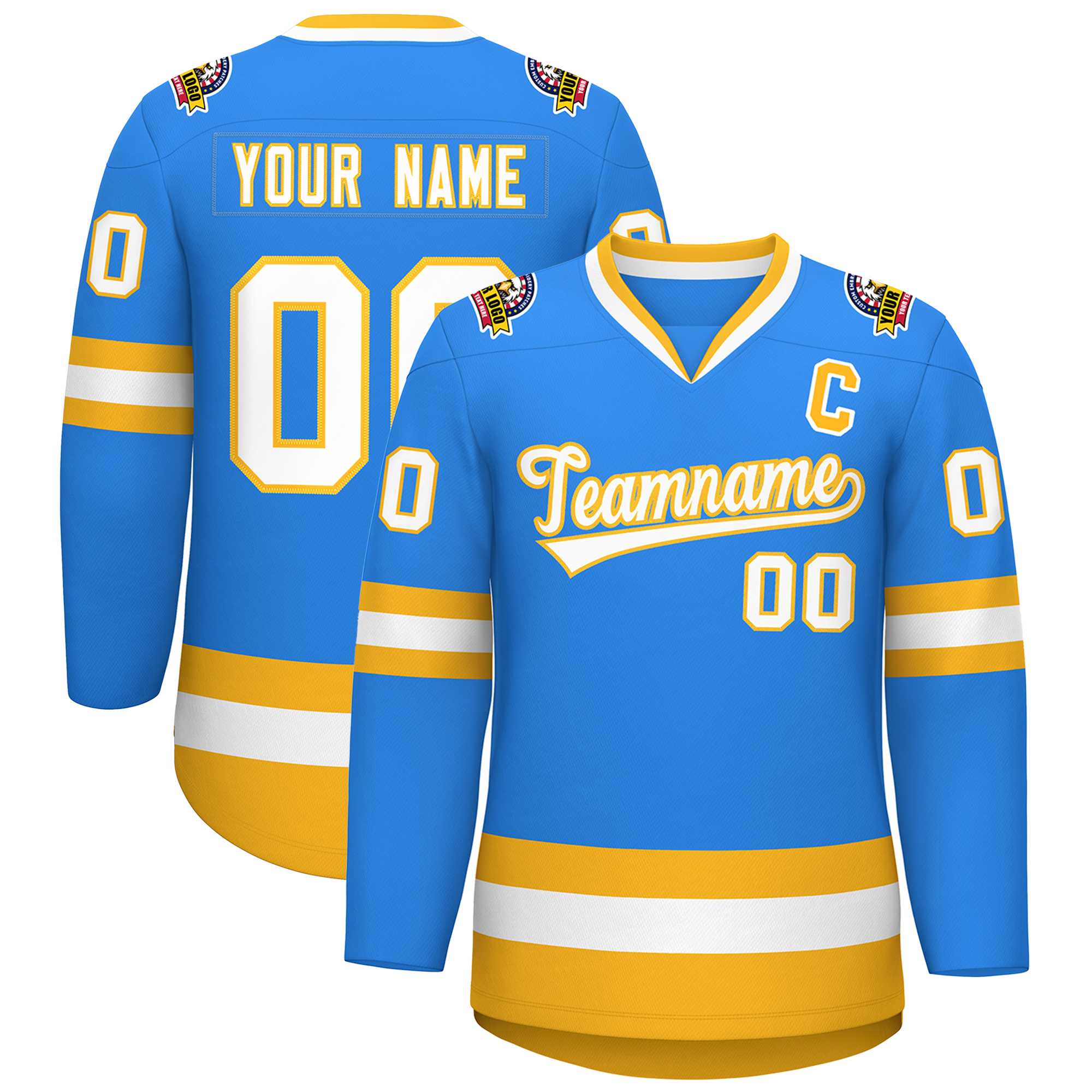 Custom Powder Blue White-Gold Classic Style Hockey Jersey | KXKSHOP