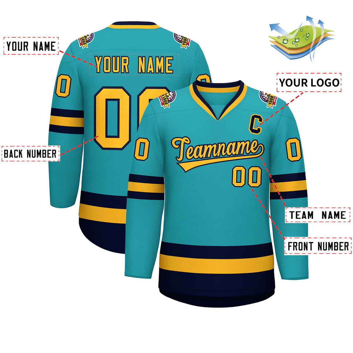 Custom Aqua Gold-Navy Classic Style Hockey Jersey | KXKSHOP