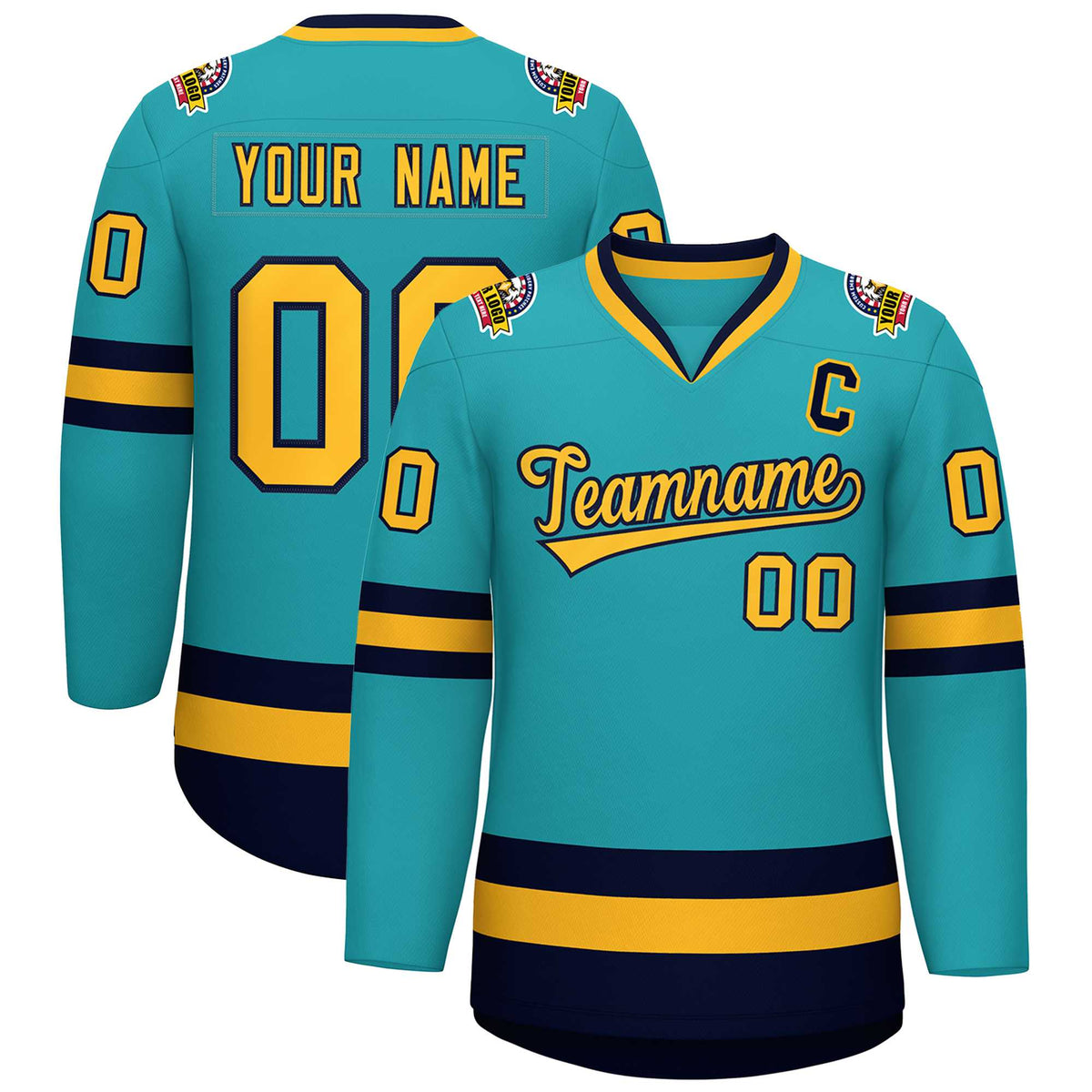 Custom Aqua Gold-Navy Classic Style Hockey Jersey | KXKSHOP