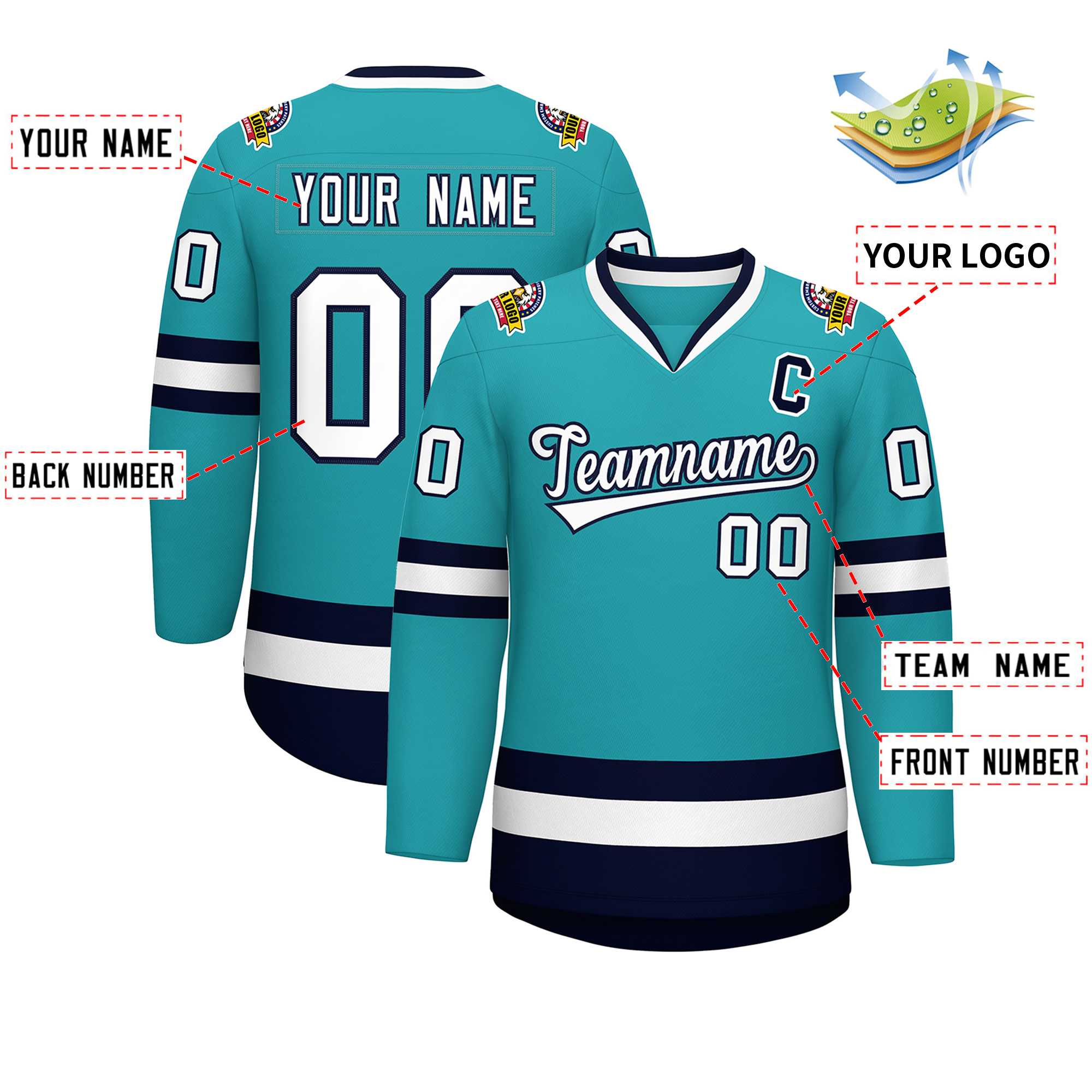 Custom Aqua White-Navy Classic Style Hockey Jersey | KXKSHOP