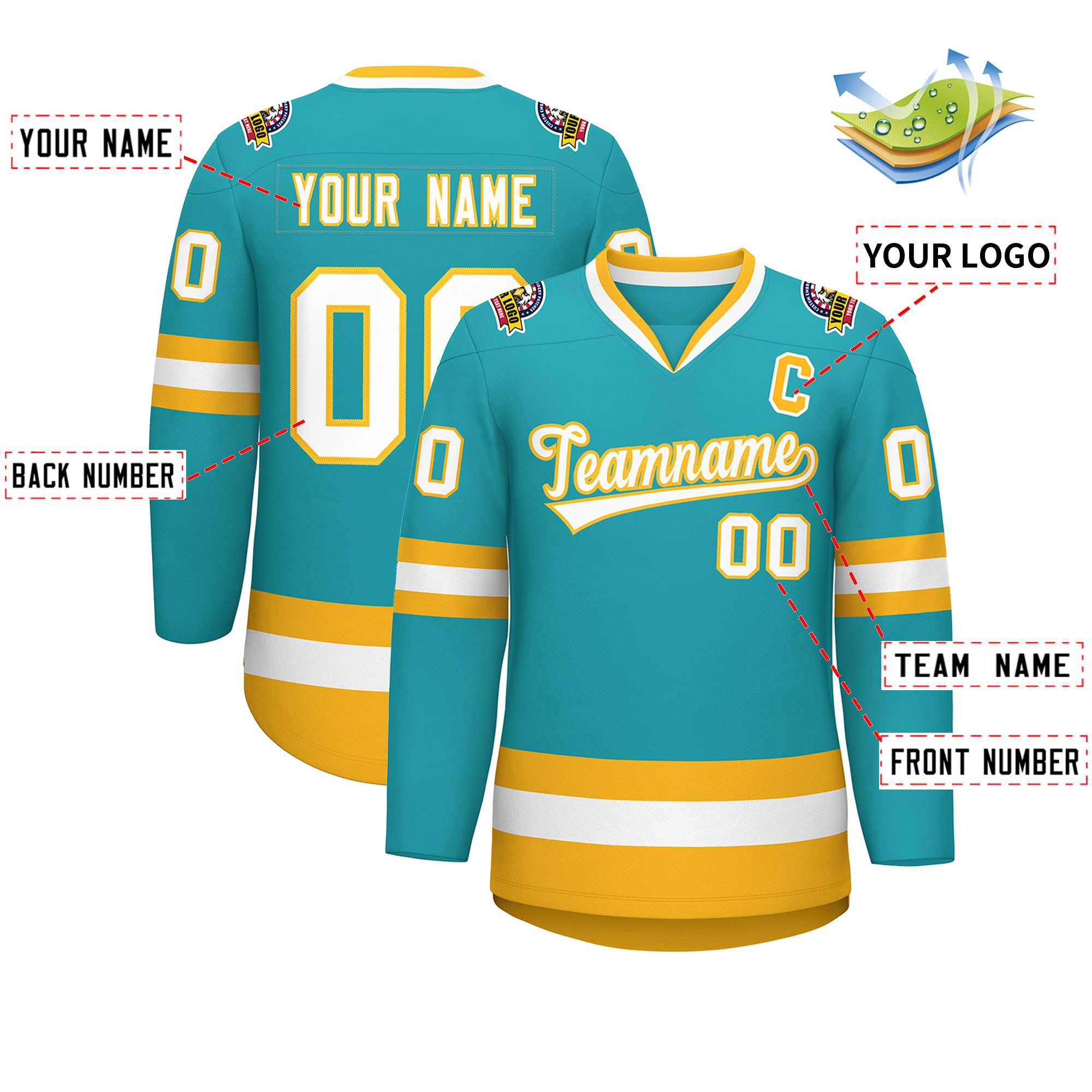 Custom Aqua White-Gold Classic Style Hockey Jersey | KXKSHOP