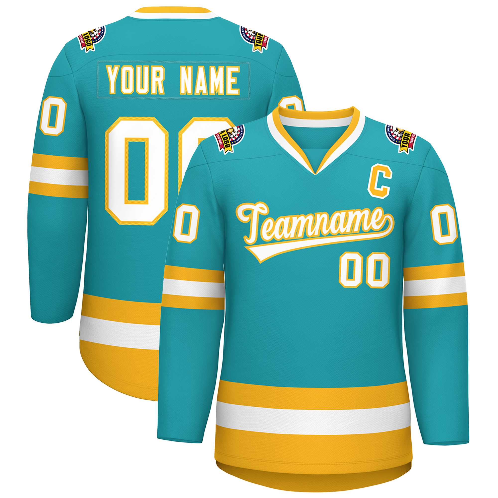 Custom Aqua White-Gold Classic Style Hockey Jersey | KXKSHOP