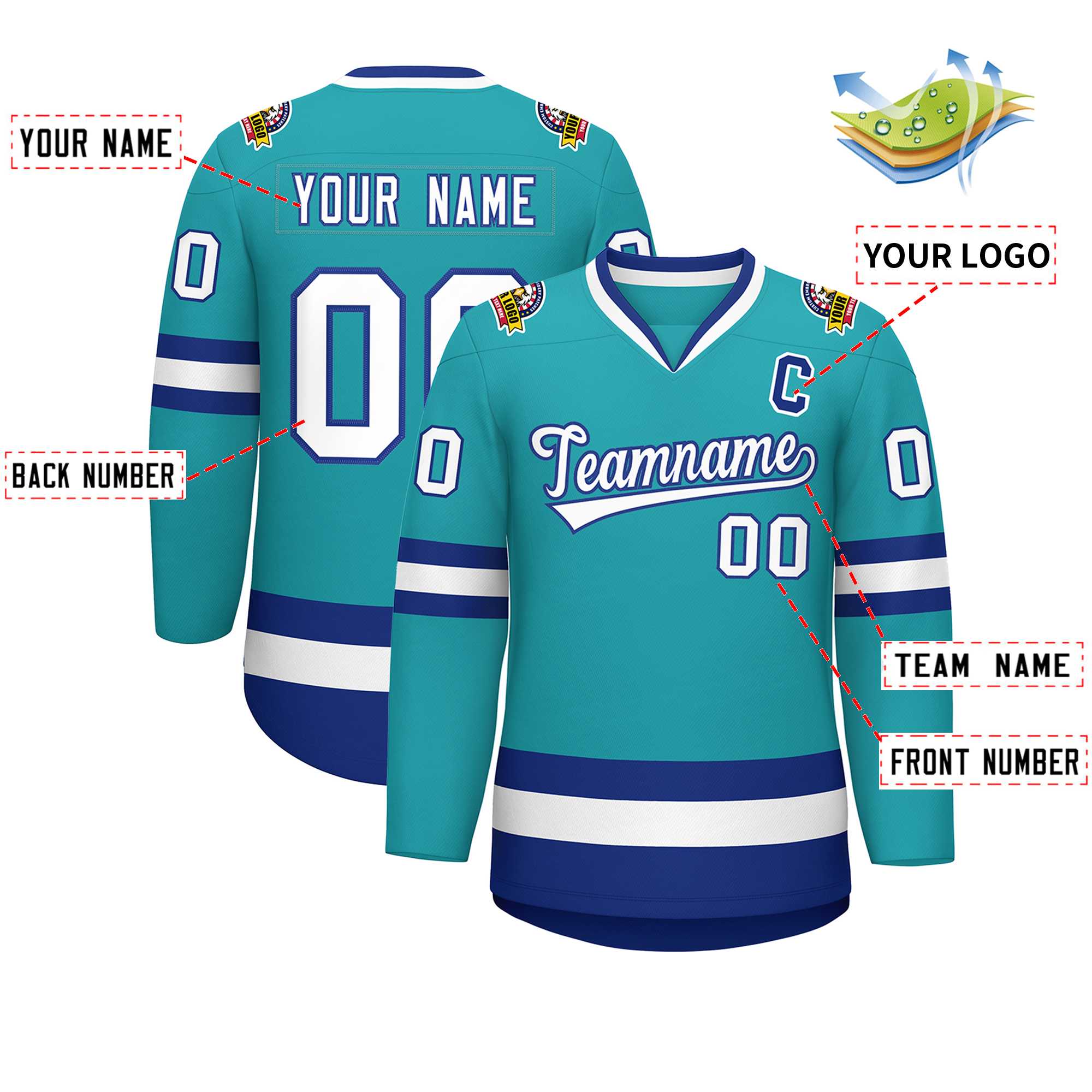 Custom Aqua White-Royal Classic Style Hockey Jersey | KXKSHOP