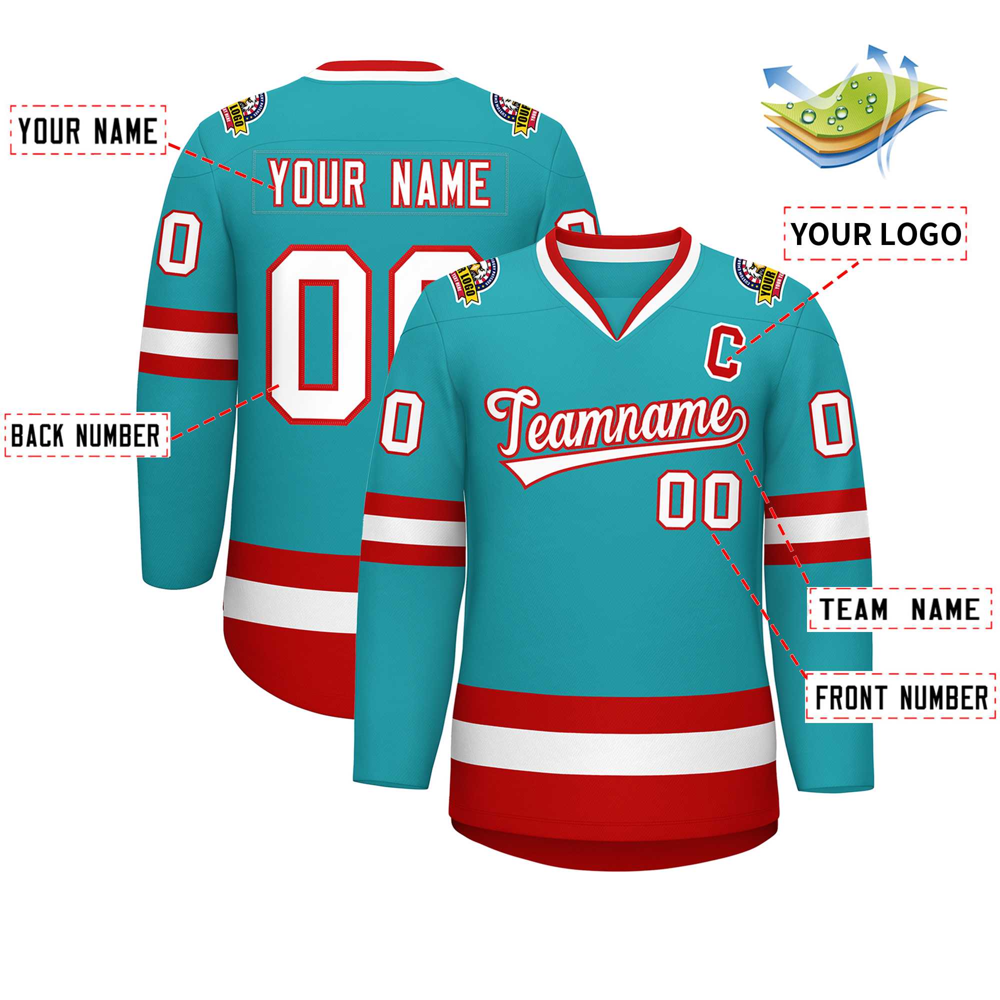 Custom Aqua White-Red Classic Style Hockey Jersey | KXKSHOP