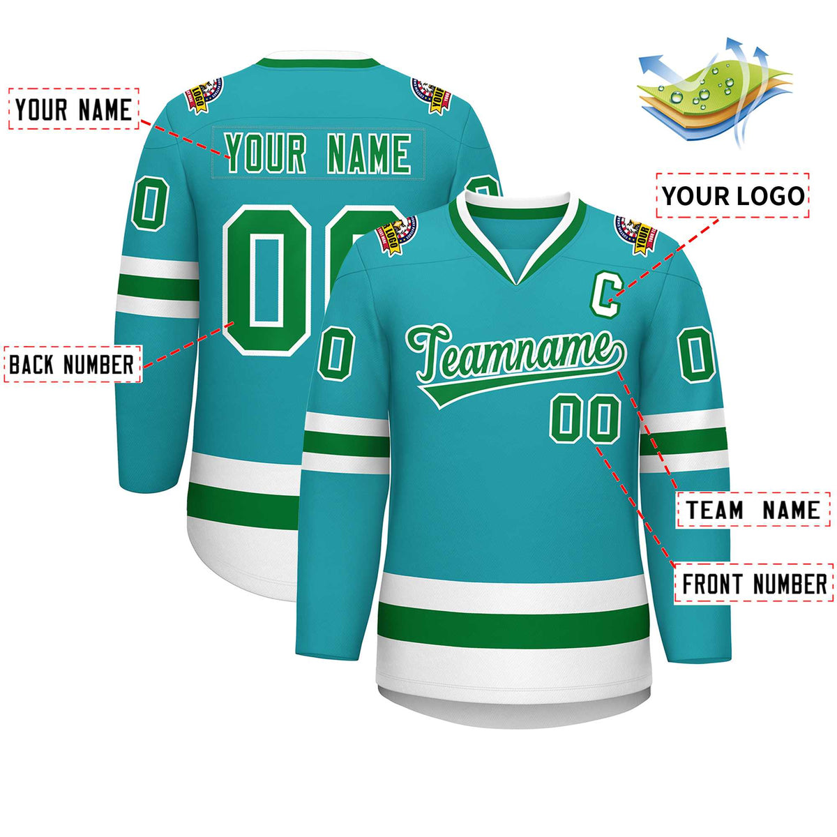 Custom Aqua Kelly Green-White Classic Style Hockey Jersey | KXKSHOP