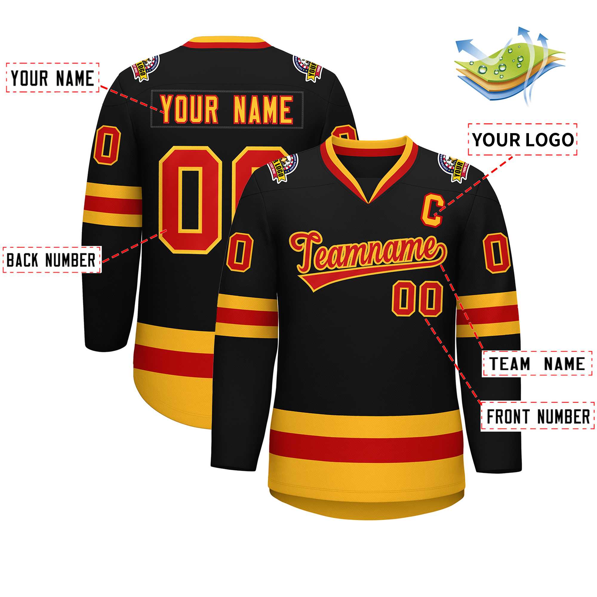 Custom Black Red-Gold Classic Style Hockey Jersey | KXKSHOP