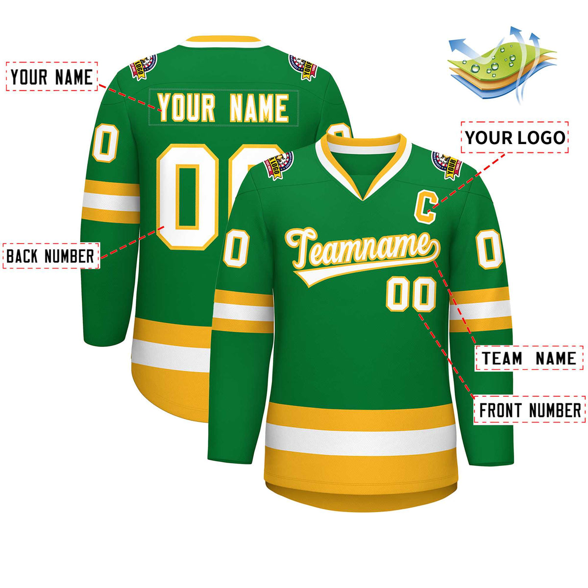 Custom Kelly Green White-Gold Classic Style Hockey Jersey | KXKSHOP