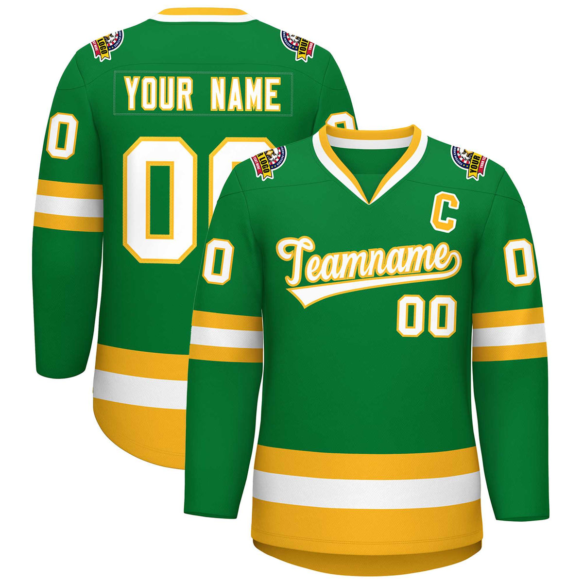 Custom Kelly Green White-Gold Classic Style Hockey Jersey | KXKSHOP