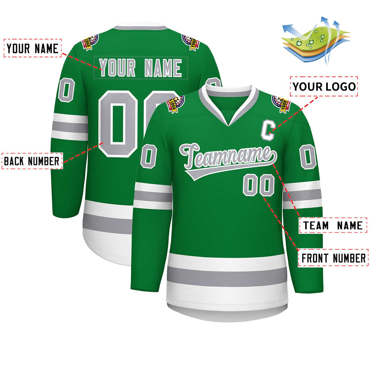 Custom Kelly Green Gray-White Classic Style Hockey Jersey | KXKSHOP