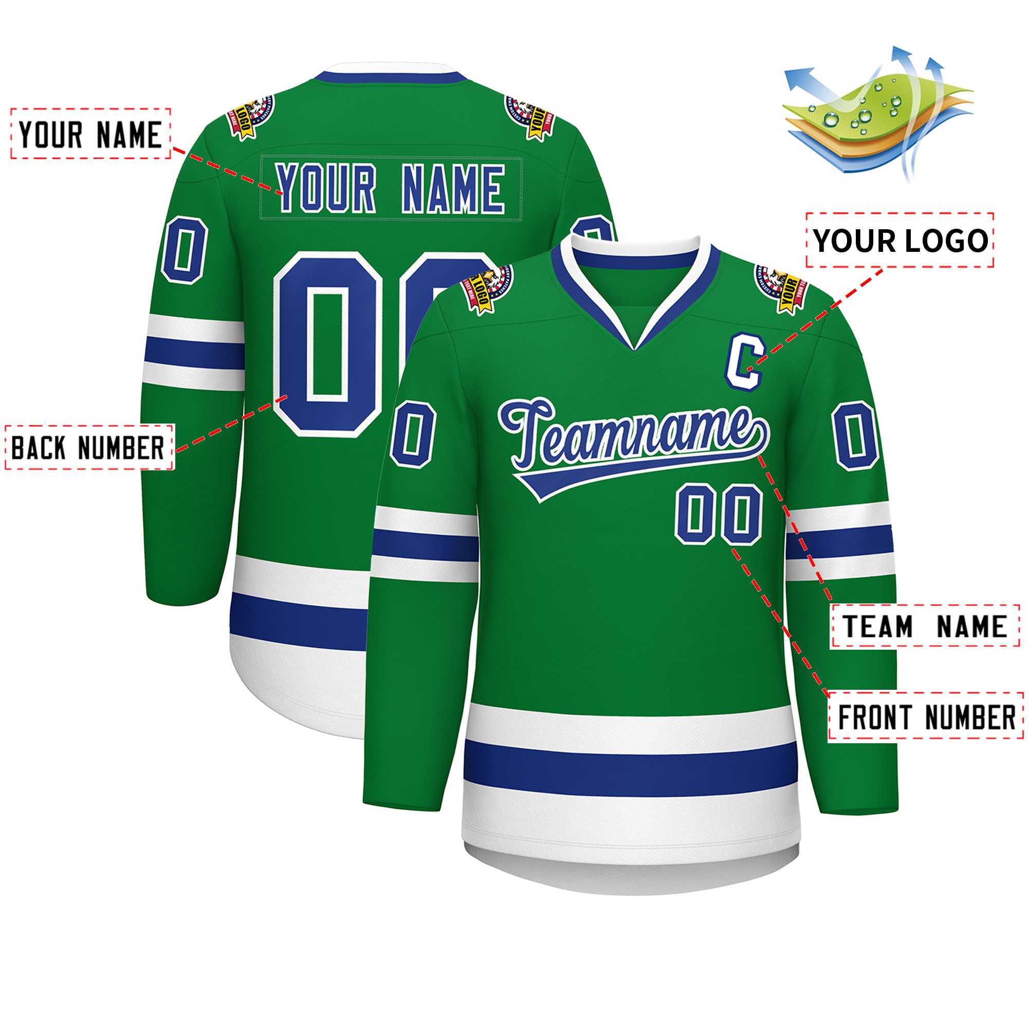 Custom Kelly Green Royal-White Classic Style Hockey Jersey | KXKSHOP