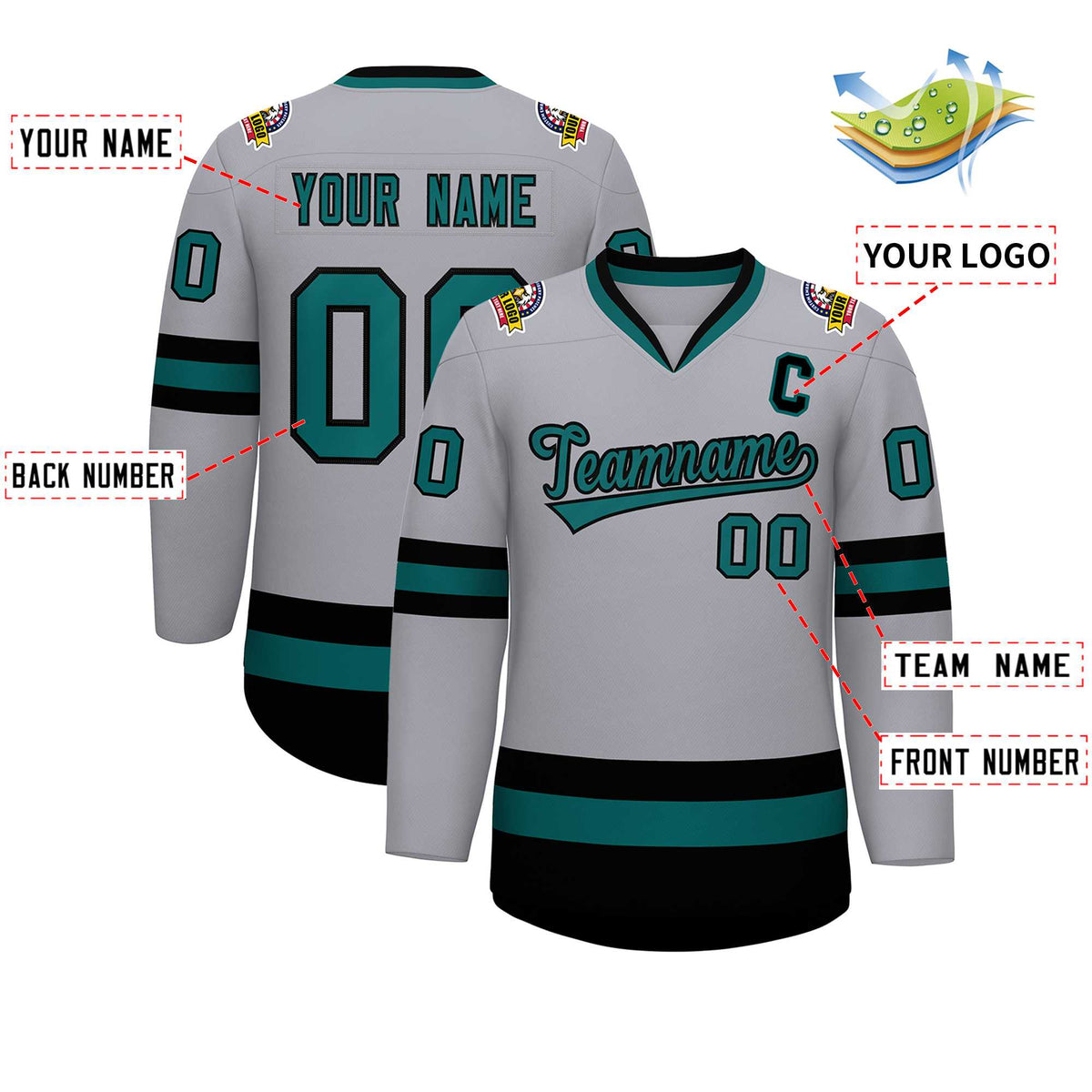 Custom Gray Aqua-Black Classic Style Hockey Jersey | KXKSHOP