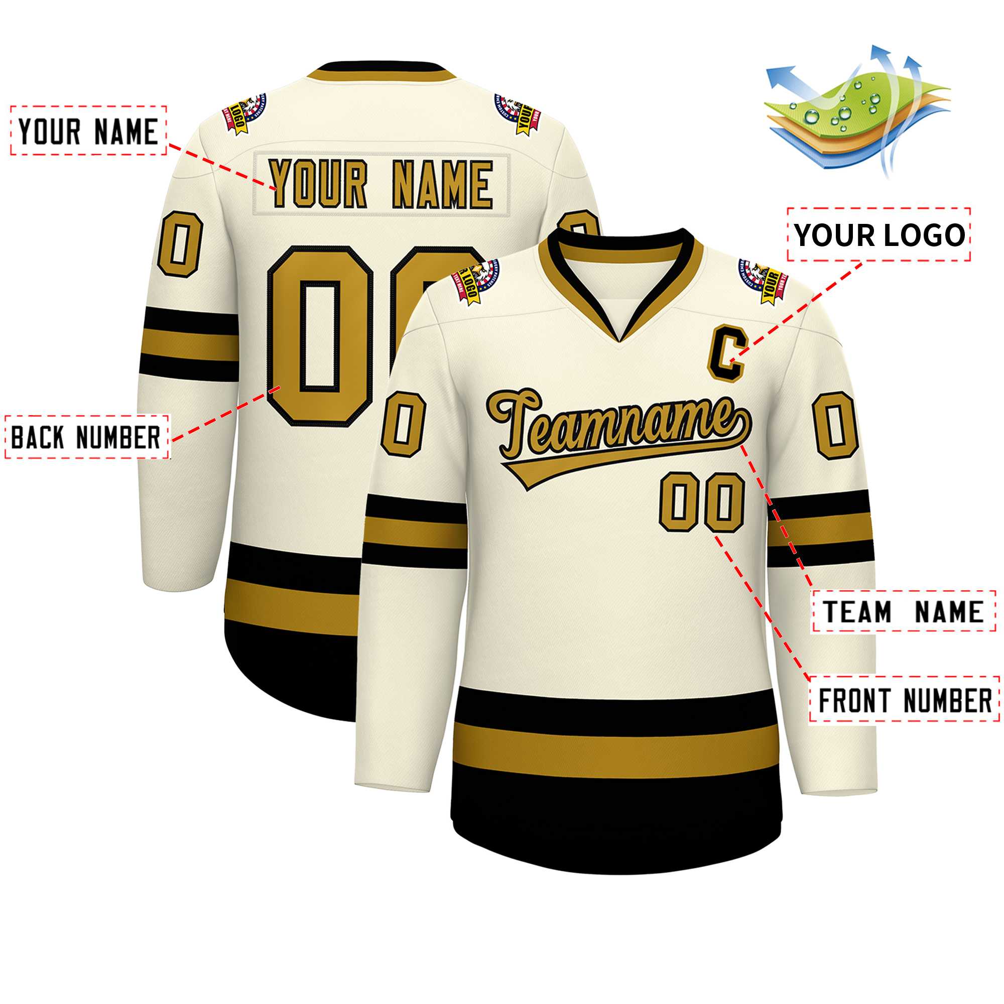 Custom Khaki Old Gold-Black Classic Style Hockey Jersey | KXKSHOP