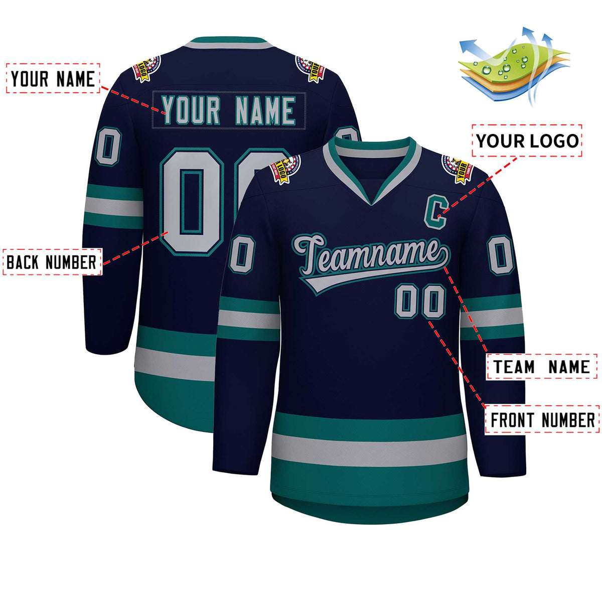 Custom Navy Gray Navy-Aqua Classic Style Hockey Jersey | KXKSHOP