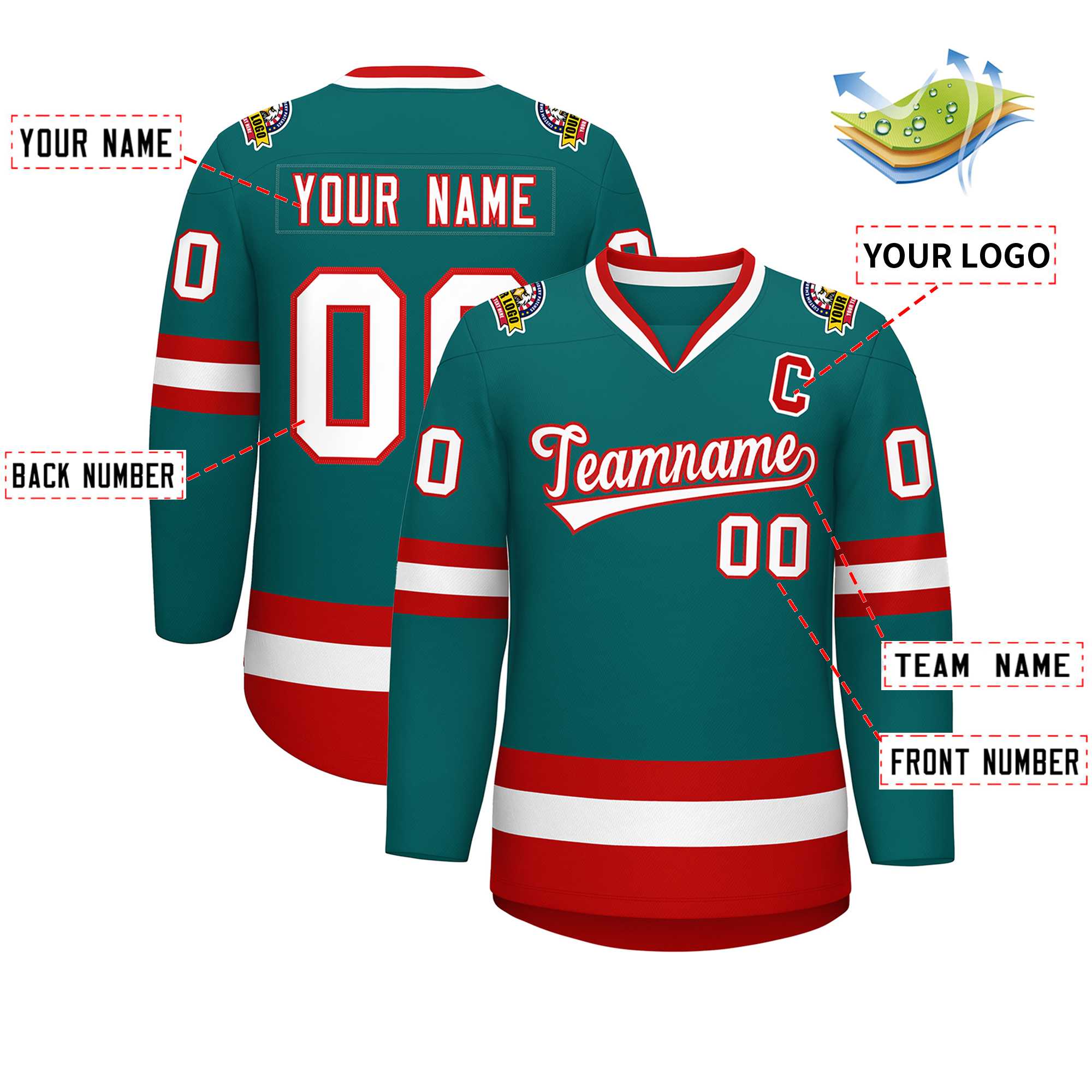Custom Teal White-Red Classic Style Hockey Jersey | KXKSHOP