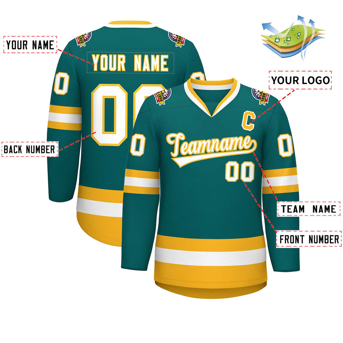 Custom Teal White-Gold Classic Style Hockey Jersey | KXKSHOP