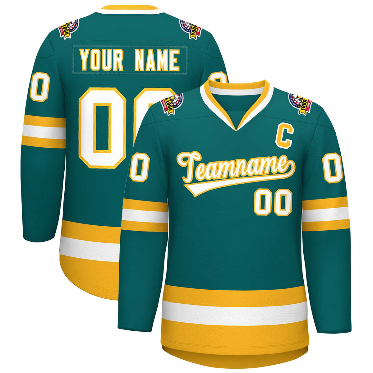 Custom Teal White-Gold Classic Style Hockey Jersey | KXKSHOP