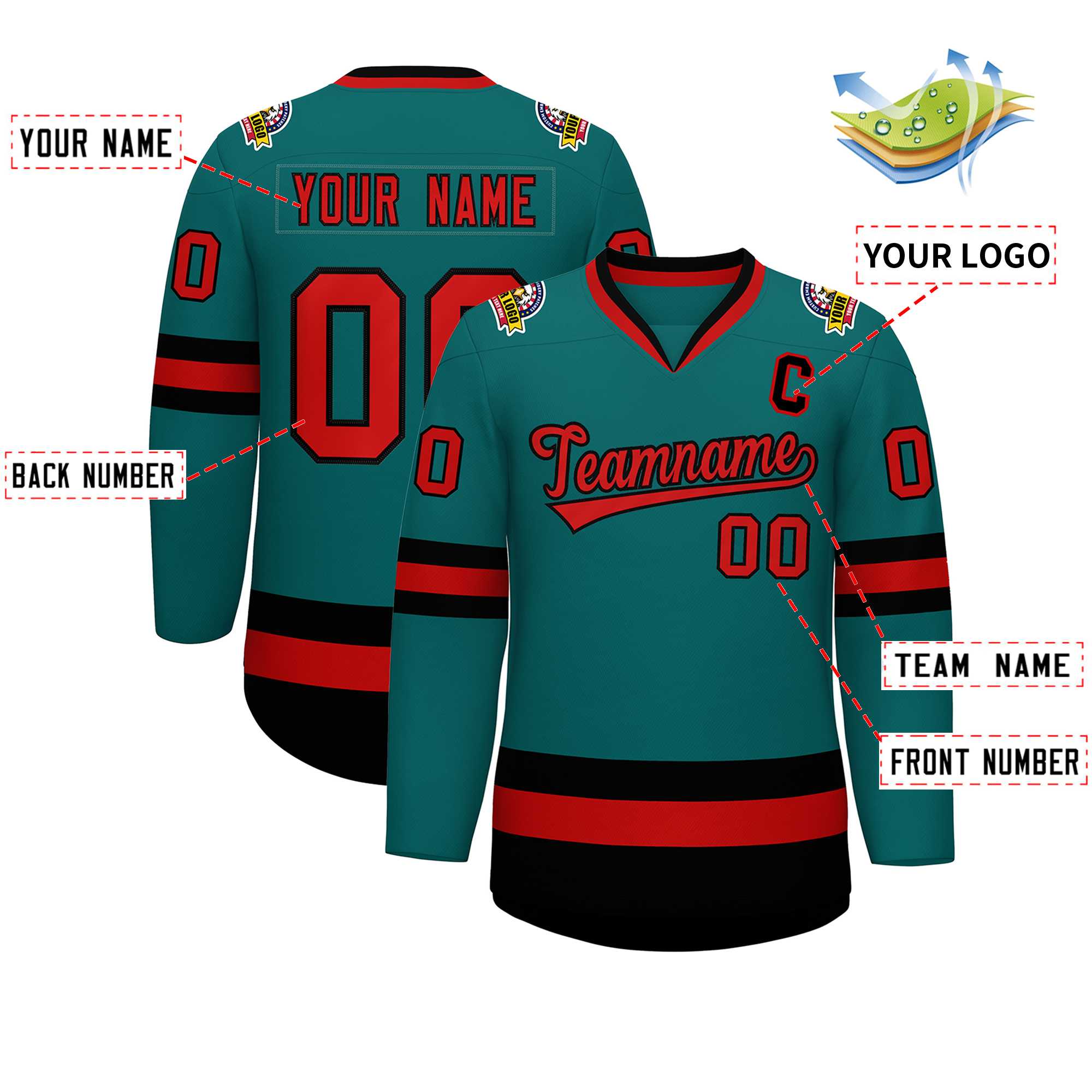 Custom Teal Red-Black Classic Style Hockey Jersey | KXKSHOP