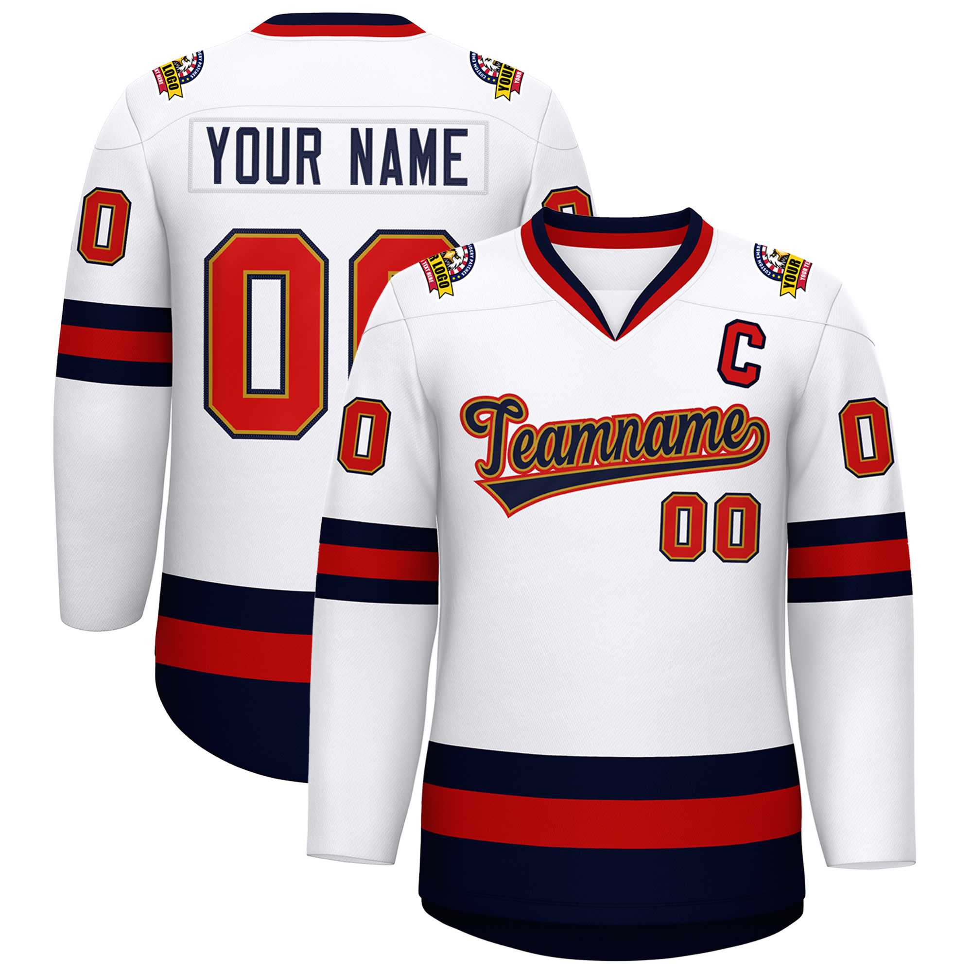 Custom White Navy Old Gold-Red Classic Style Hockey Jersey | KXKSHOP