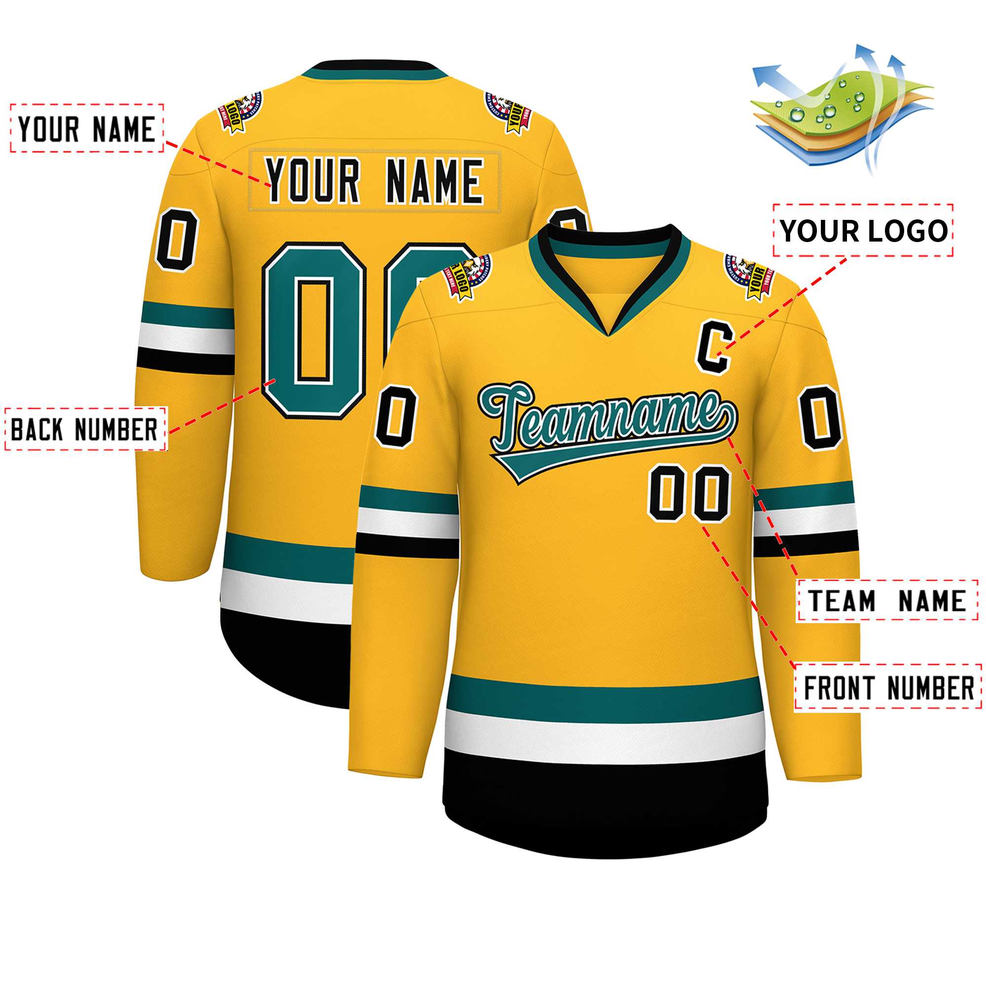 Custom Gold Aqua White-Black Classic Style Hockey Jersey | KXKSHOP