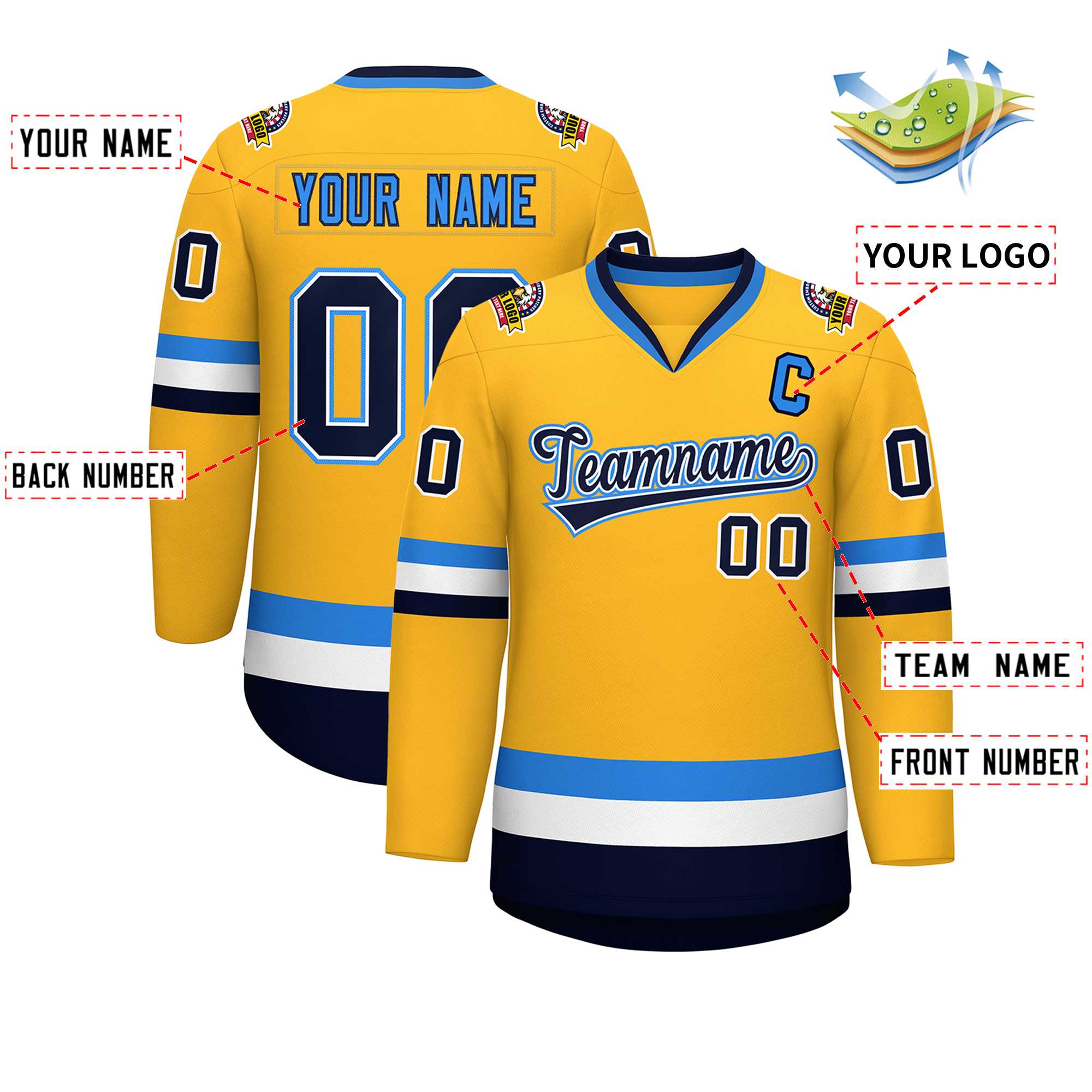 Custom Gold Navy White-Powder Blue Classic Style Hockey Jersey | KXKSHOP