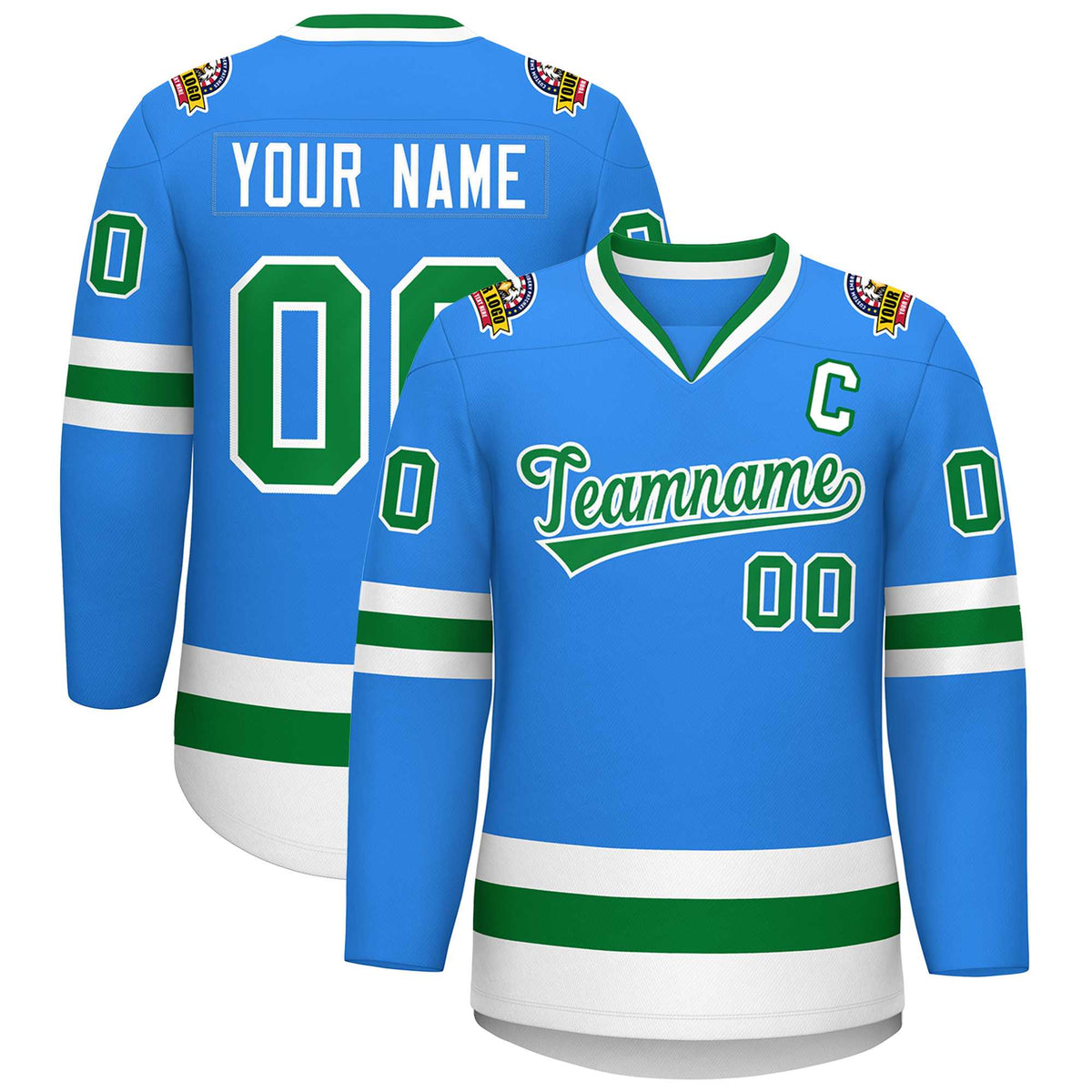 Custom Powder Blue Kelly Green-White Classic Style Hockey Jersey | KXKSHOP
