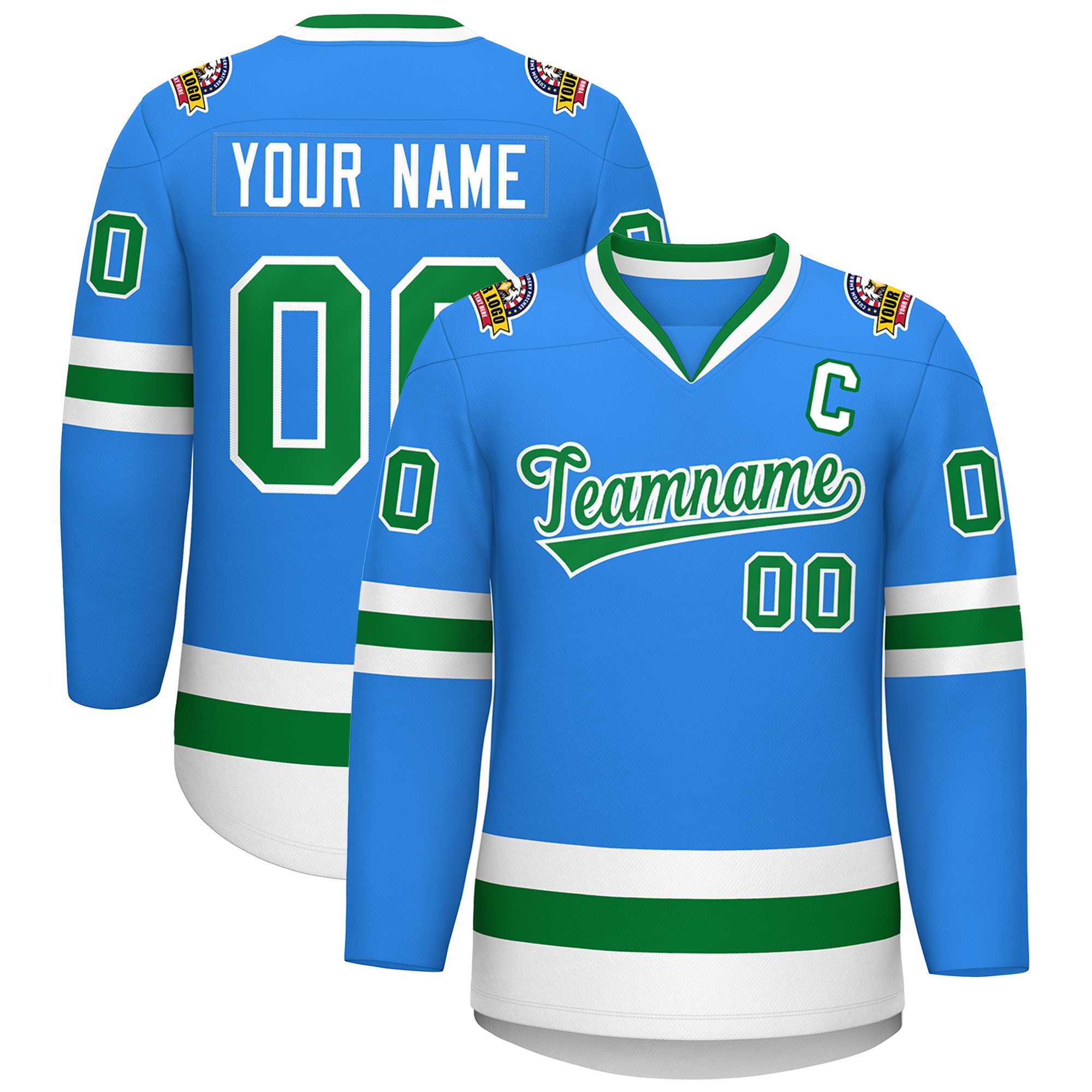 Custom Powder Blue Kelly Green-White Classic Style Hockey Jersey | KXKSHOP
