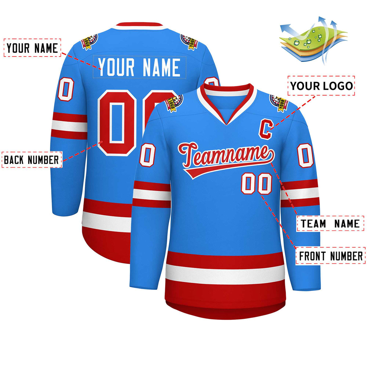 Custom Powder Blue Red-White Classic Style Hockey Jersey | KXKSHOP