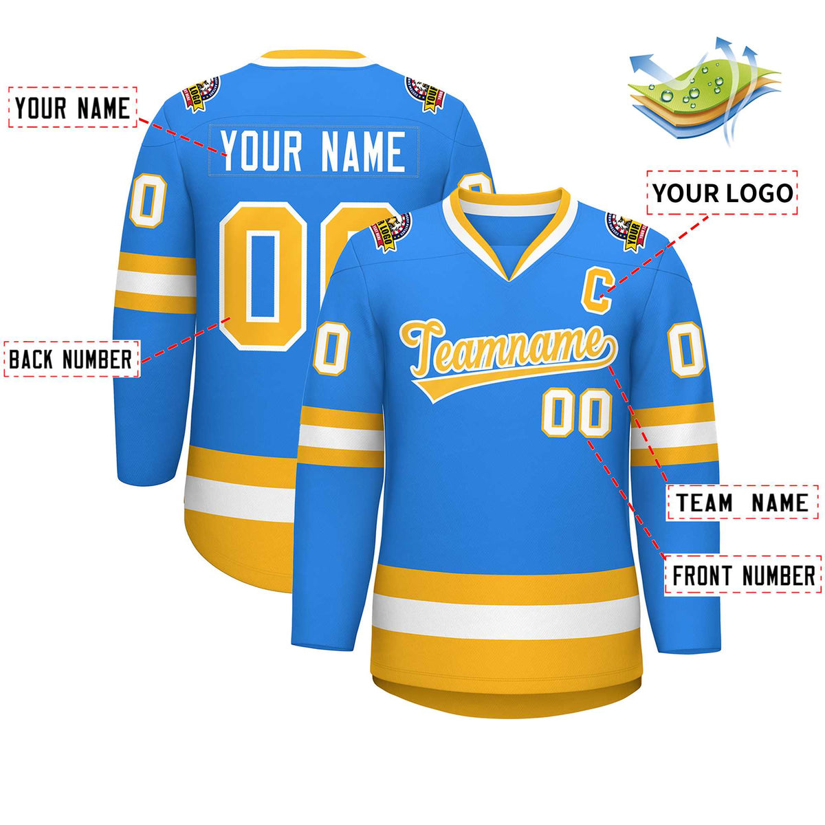 Custom Powder Blue Gold-White Classic Style Hockey Jersey | KXKSHOP