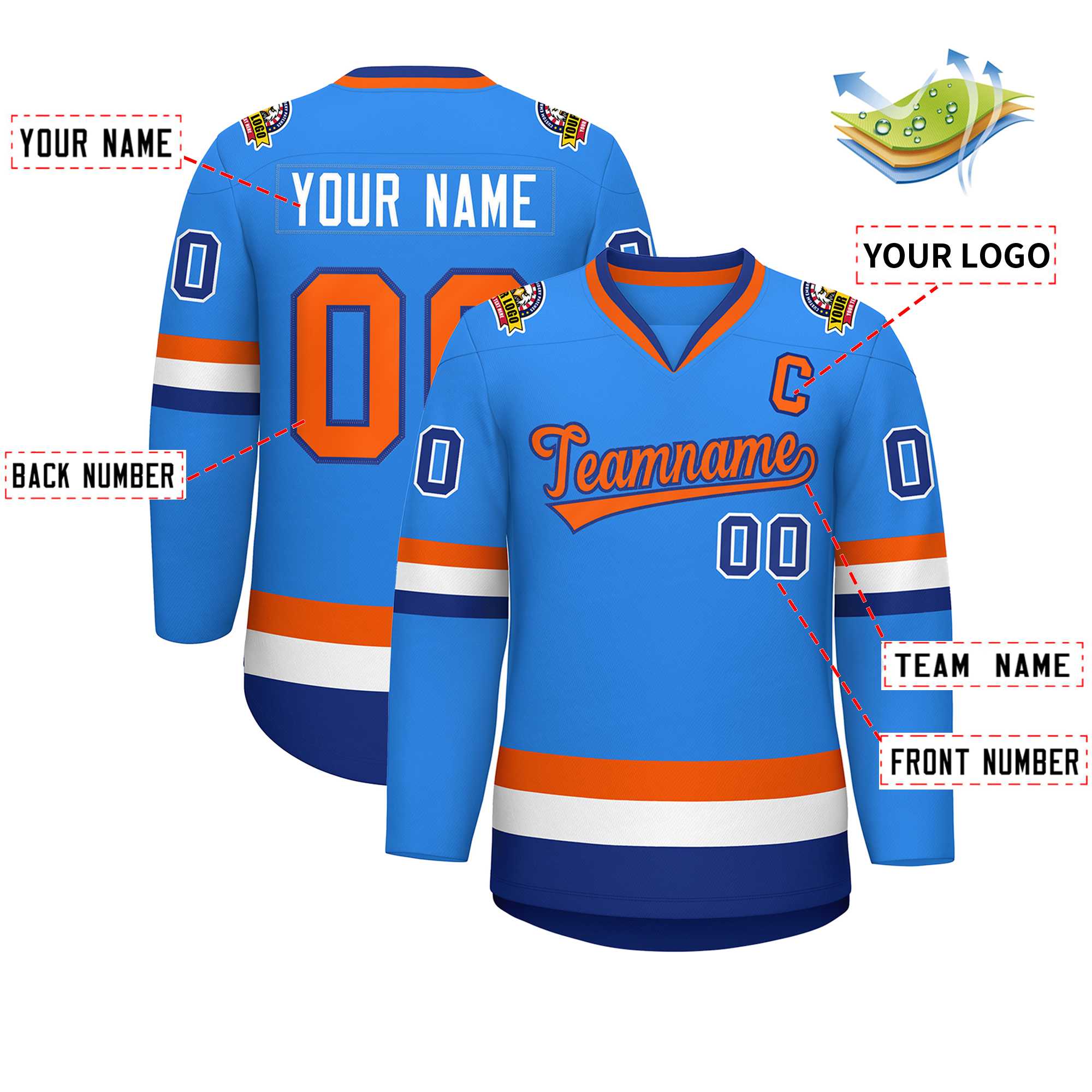 Custom Powder Blue Orange-Royal Classic Style Hockey Jersey | KXKSHOP